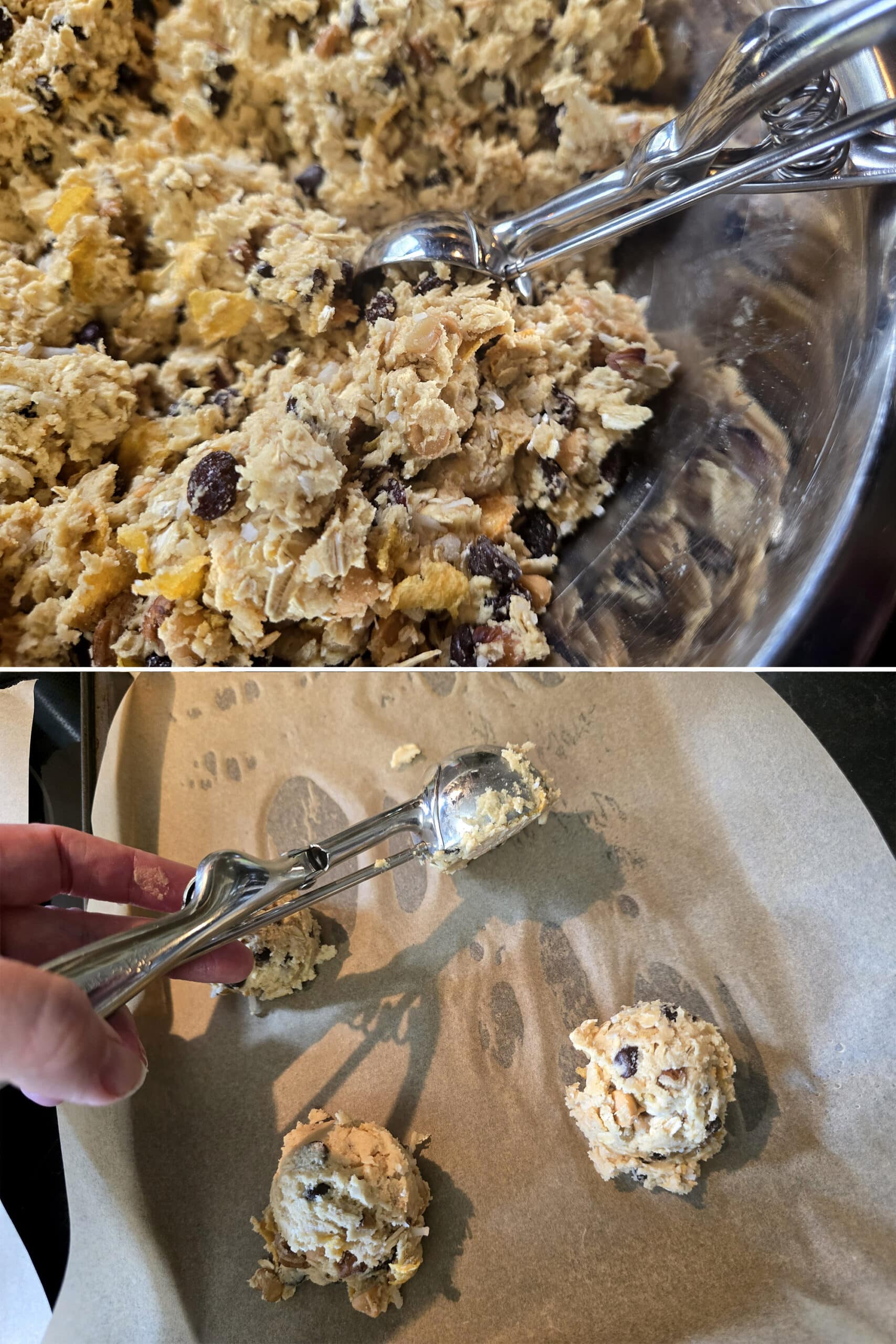 A cookie scoop being used to scoop a bowl of cowboy cookie batter into balls.