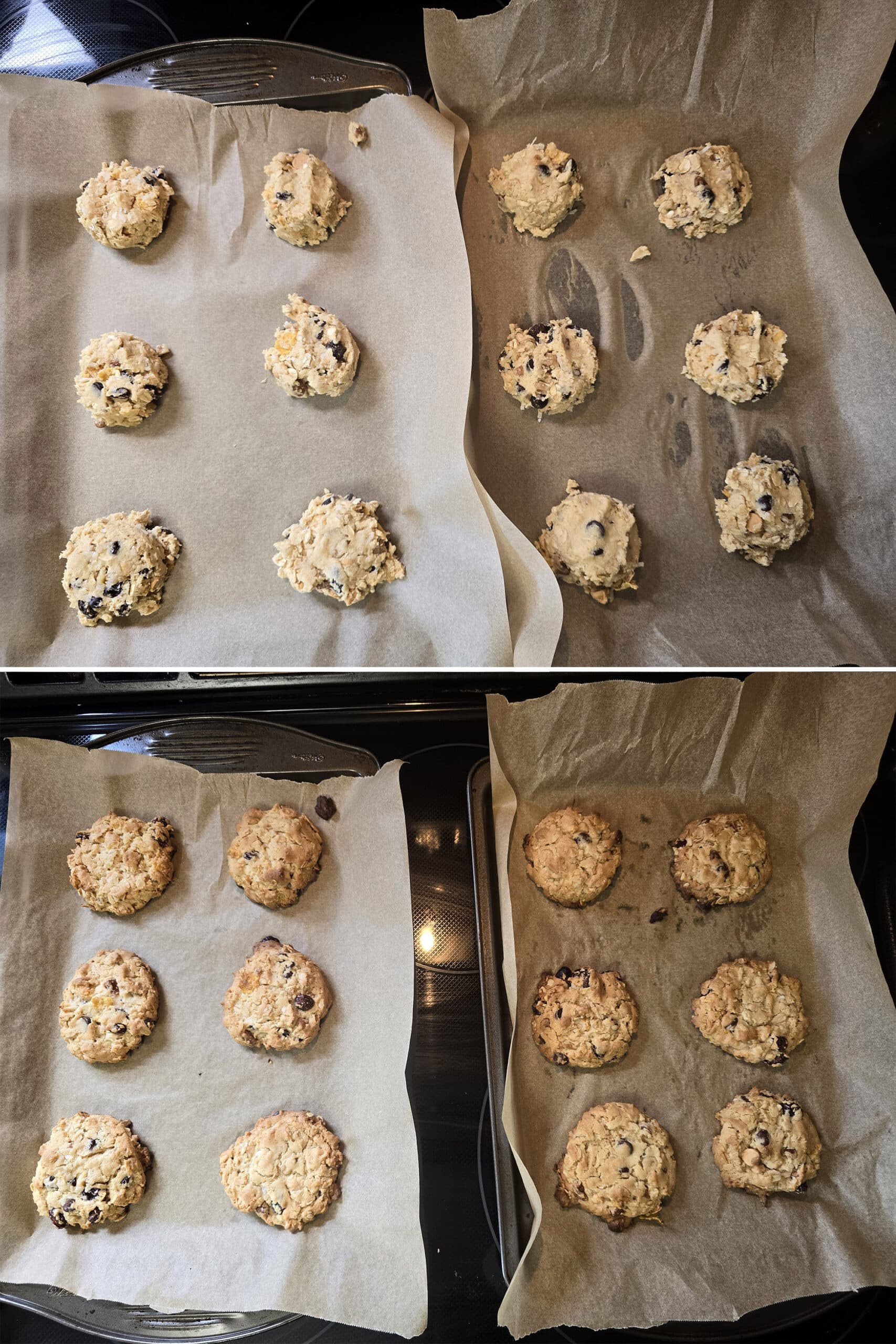 A tray of cowboy cookies, before and after baking.