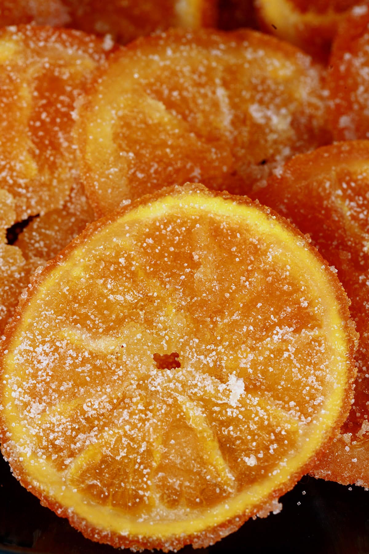 A close up photo of candied orange slices.