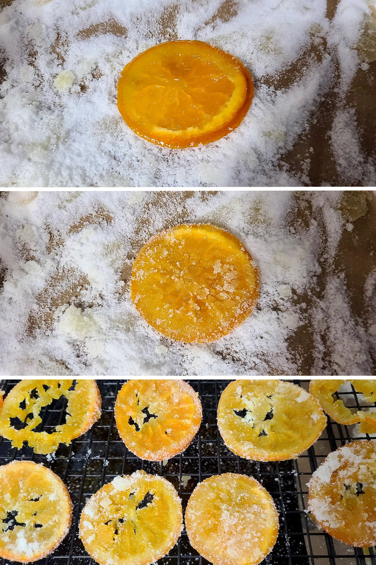 A 3 part image showing a syruppy orange slice being coated in sugar and set on a drying rack with other sugared slices.
