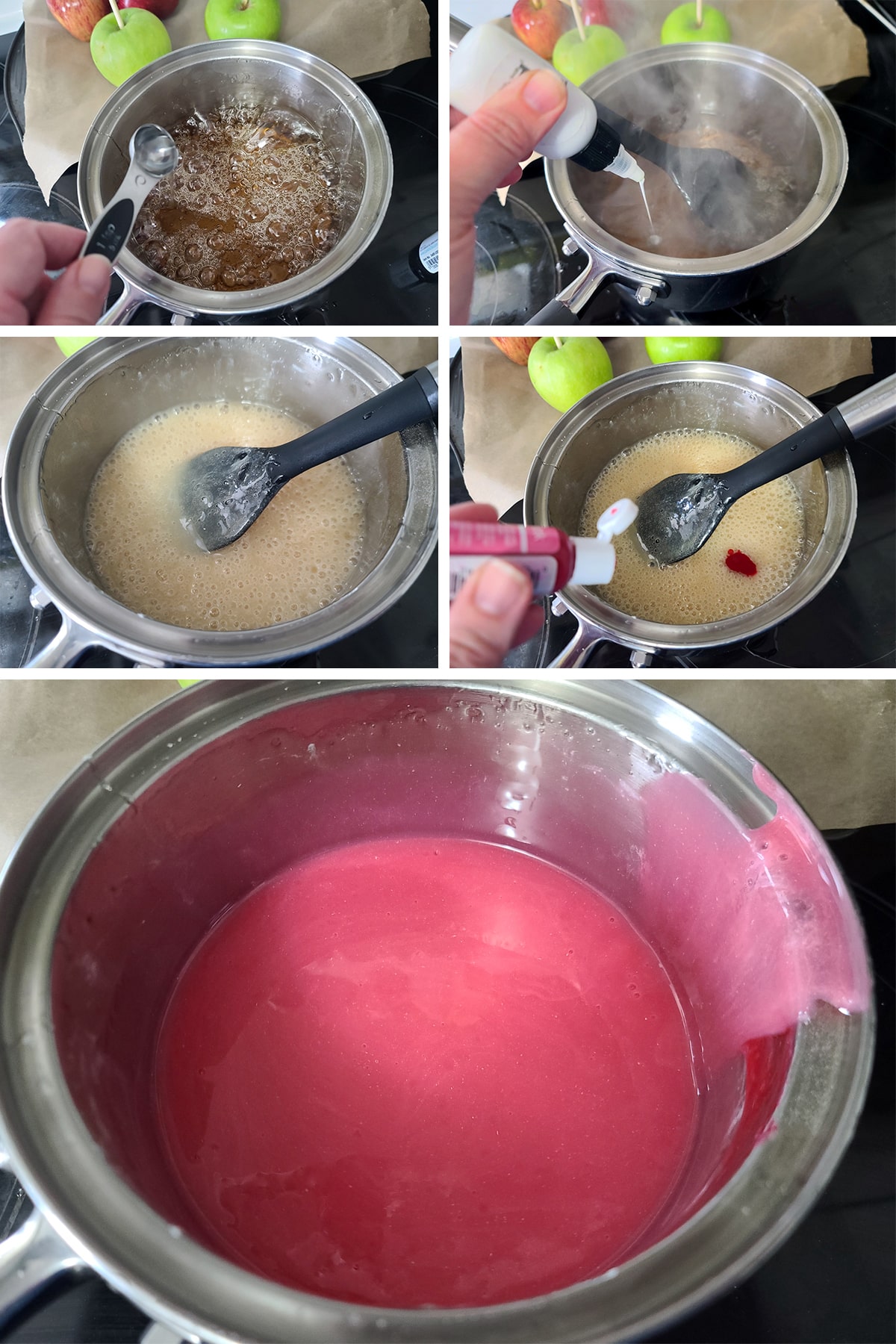 A 5 part image showing the food coloring and flavor being added to the candy syrup.