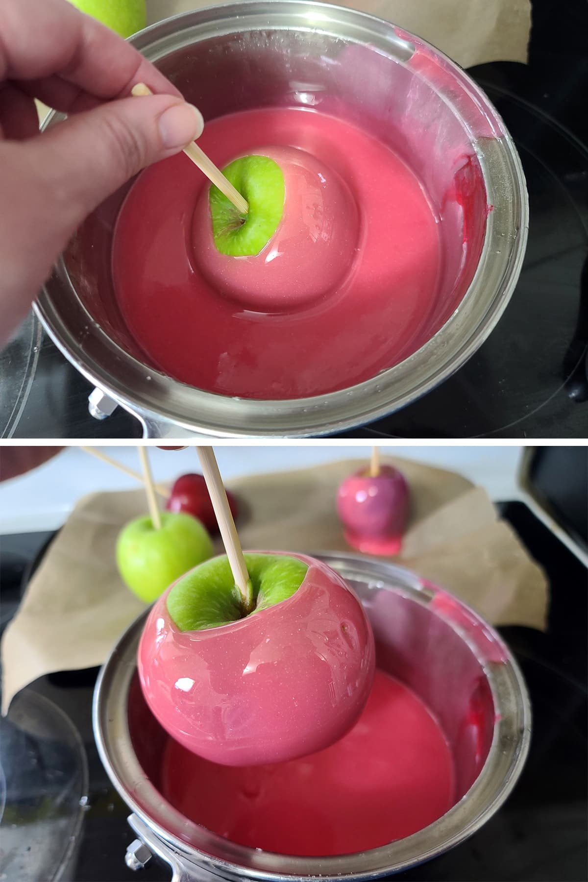 A 2 part image showing a green apple being dipped in an opaque pink candy syrup.