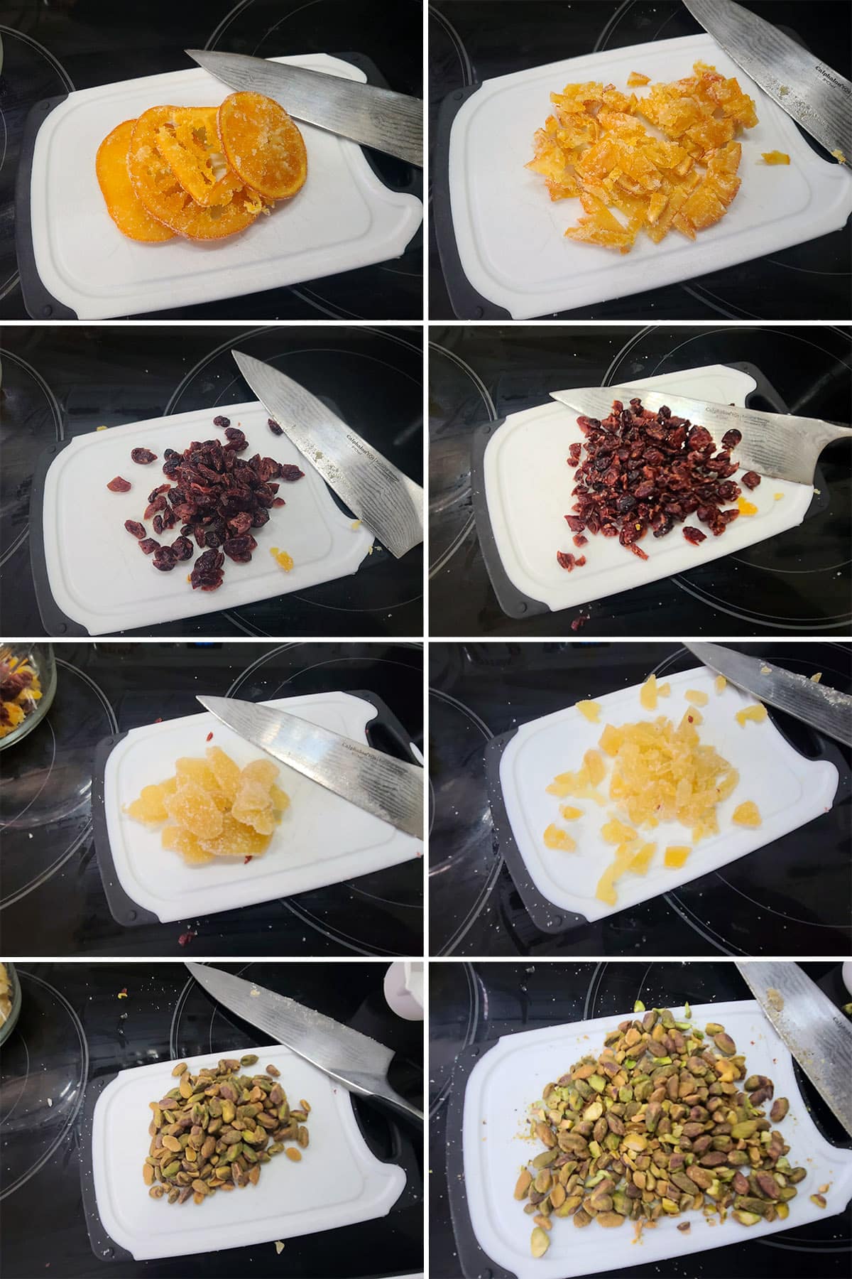 An 8 part image showing the candied orange, crystalized ginger, dried cranberries, and pistachios being chopped into smaller pieces.