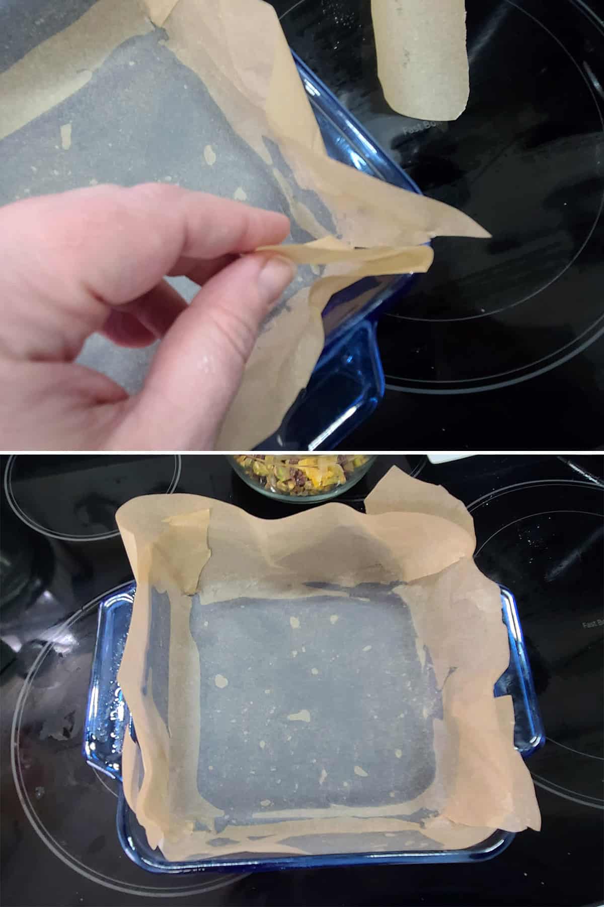 A 2 part image showing a greased baking pan being lined with parchment paper.