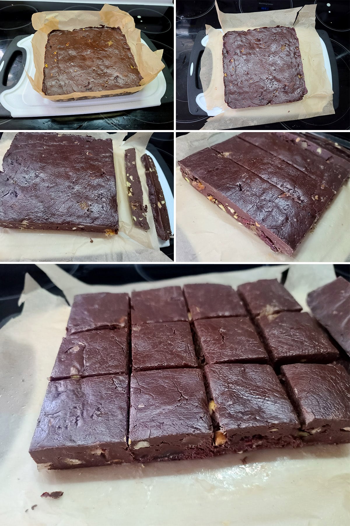 A 5 part image showing the slab of chilled fudge being lifted from the pan and cut into squares.
