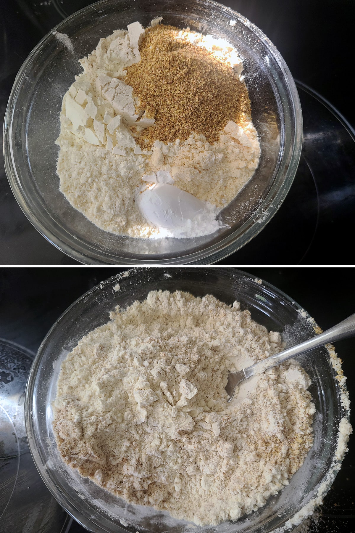 A 2 part image showing the dry ingredients being mixed together.