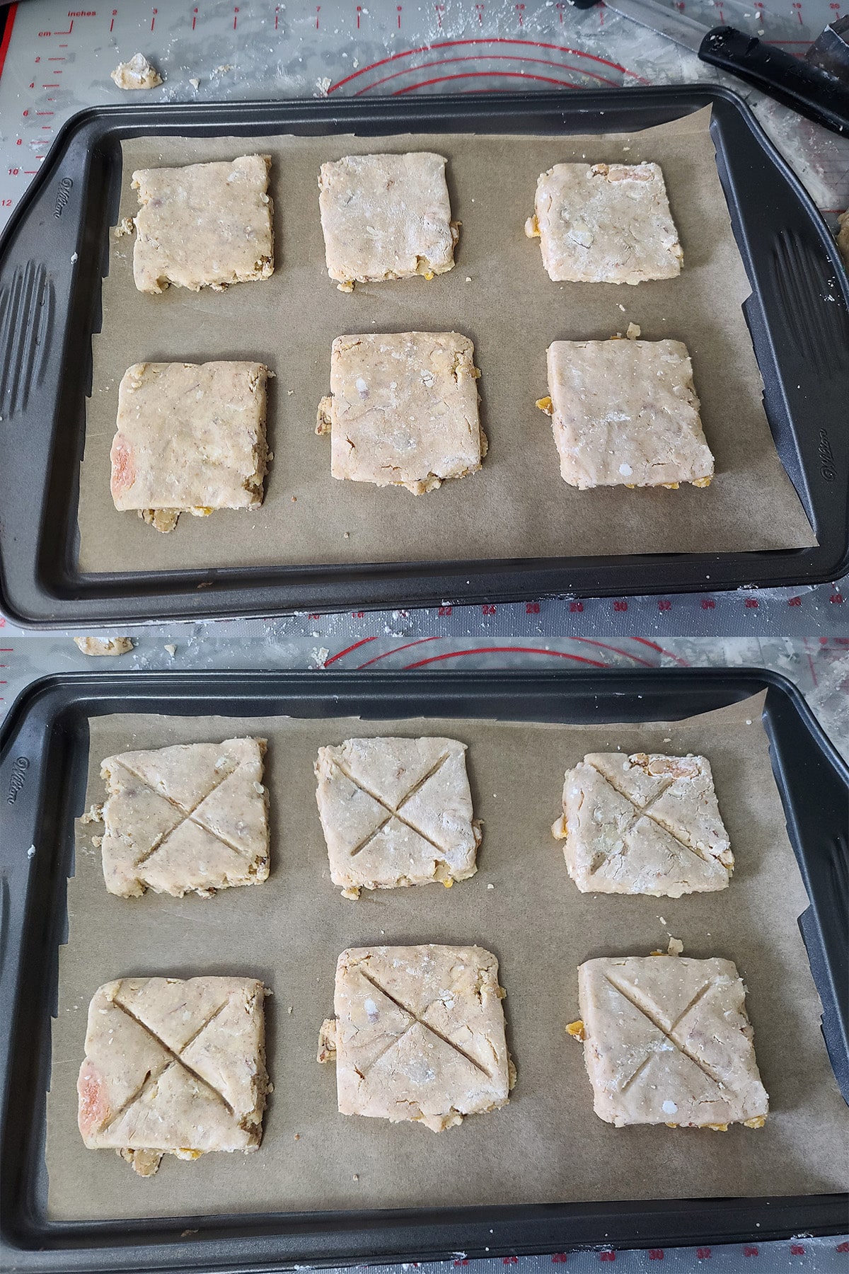 A 2 part image showing unbaked lembas on a prepared sheet pan, before and after each is marked with an X shape.