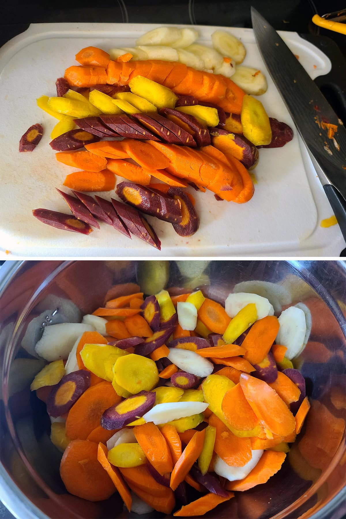 A 2 part image showing multii colored carrots being sliced.