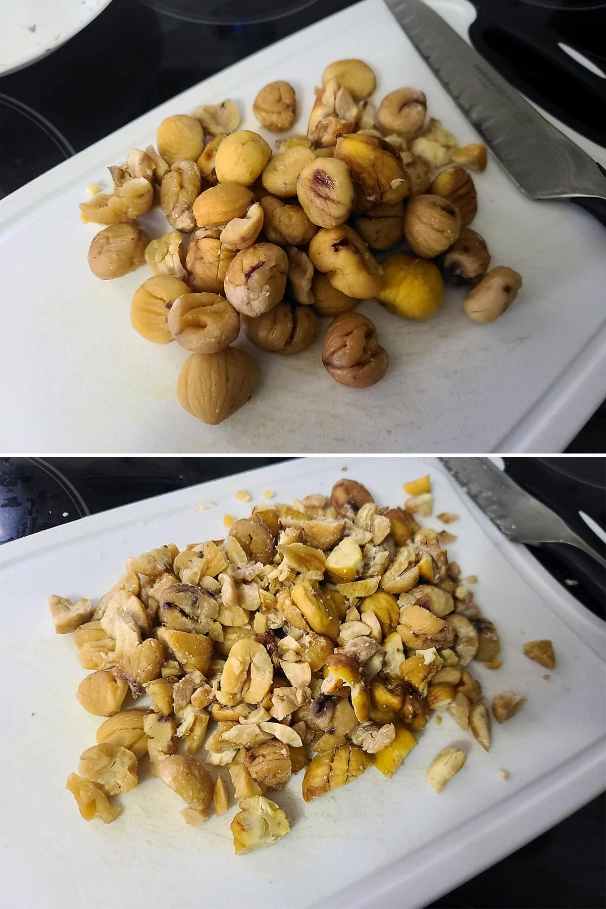 A 2 part image showing a pile of roasted chestnuts being chopped.