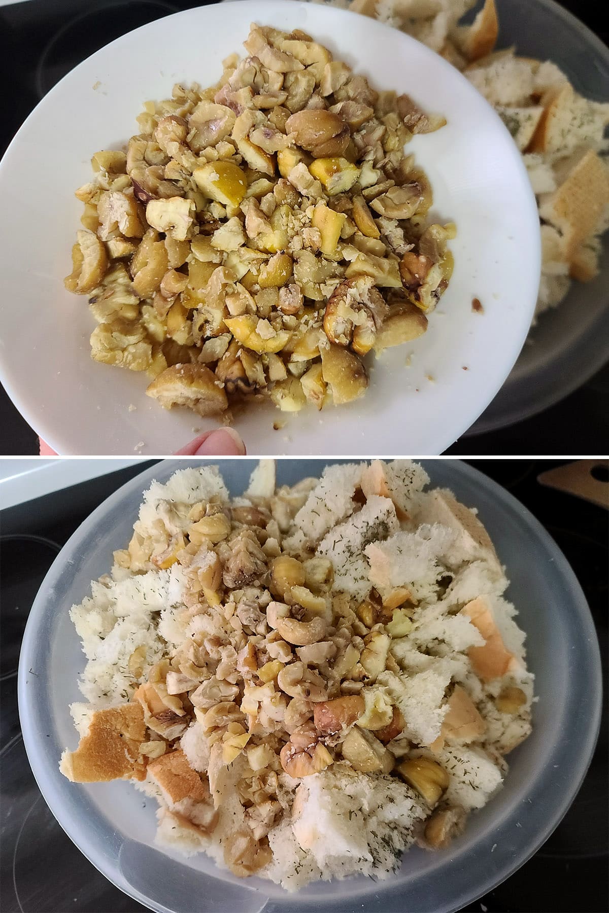 A 2 part image showing the bowl of chopped chestnuts being added to the bowl of seasoned bread.