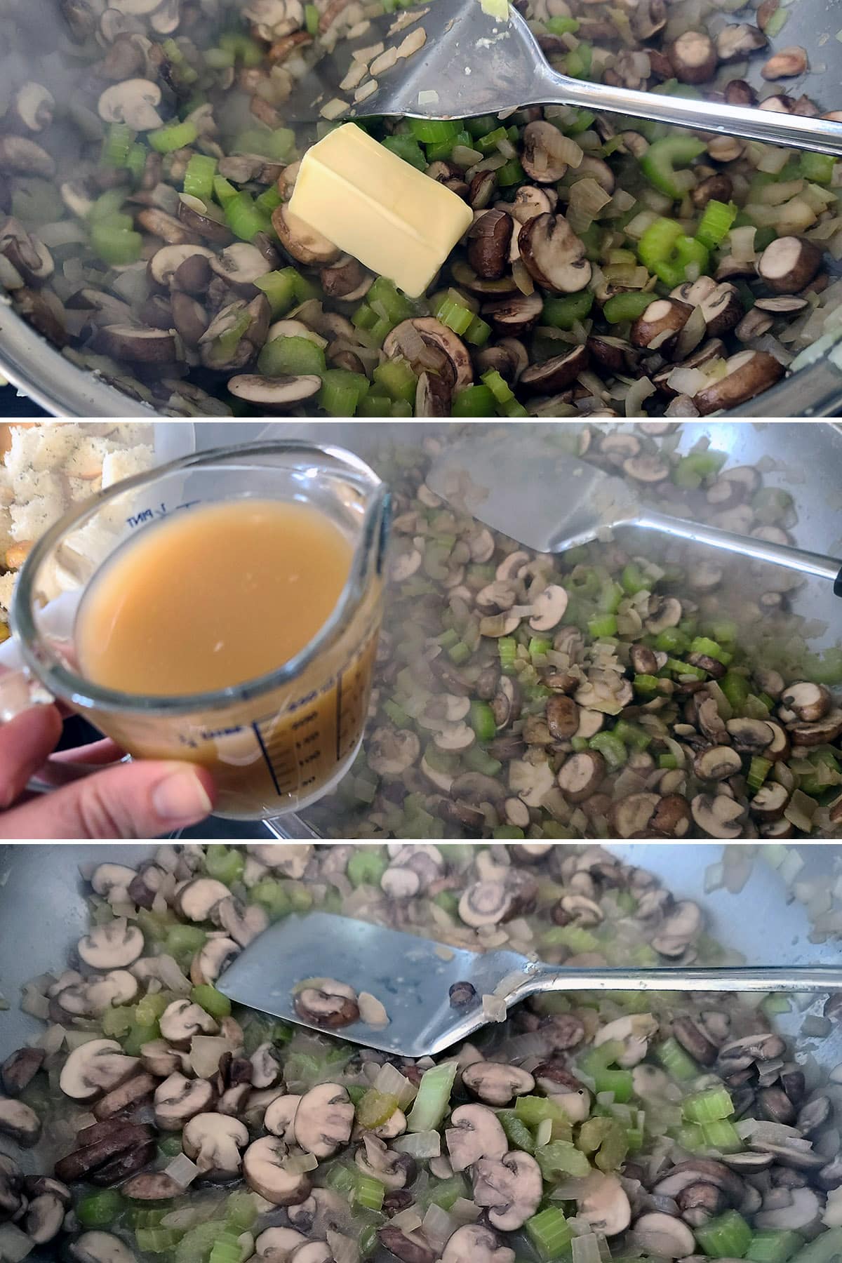 A 3 part image showing butter and broth being added to the pan of chopped veggies and combined.