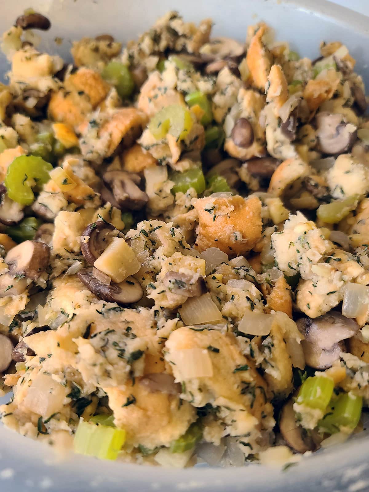 A close up view of a pan of stuffing.