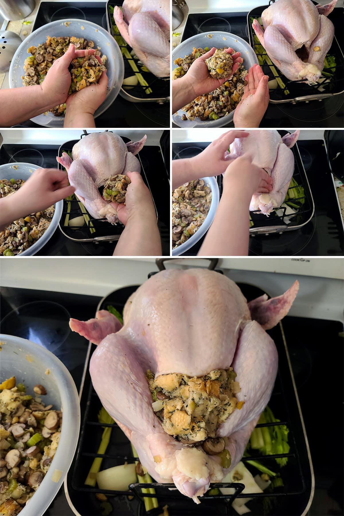 A 5 part image showing a raw turkey being stuffed with the mushroom stuffing.