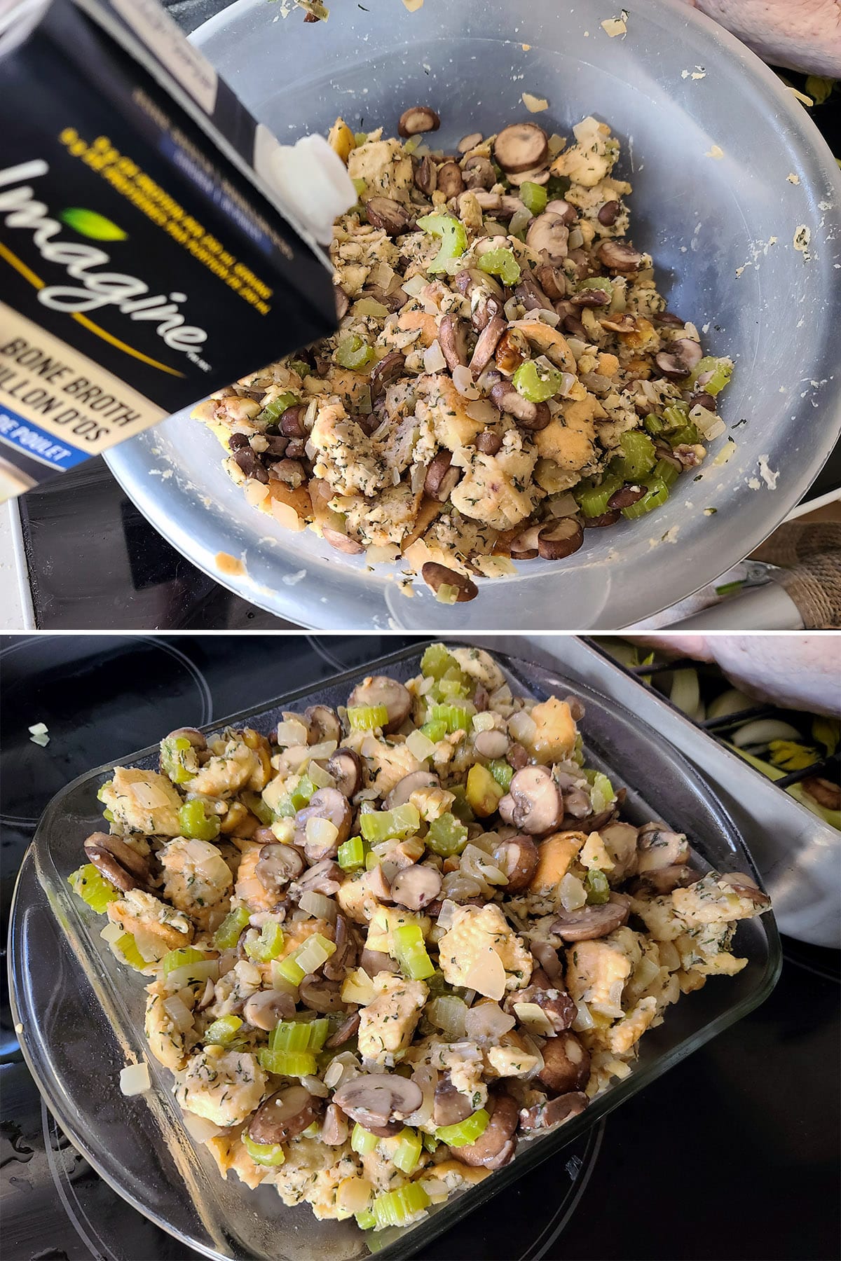 A 2 part image showing a bit of chicken broth being added to the remaining stuffing and that stuffing in a pan.