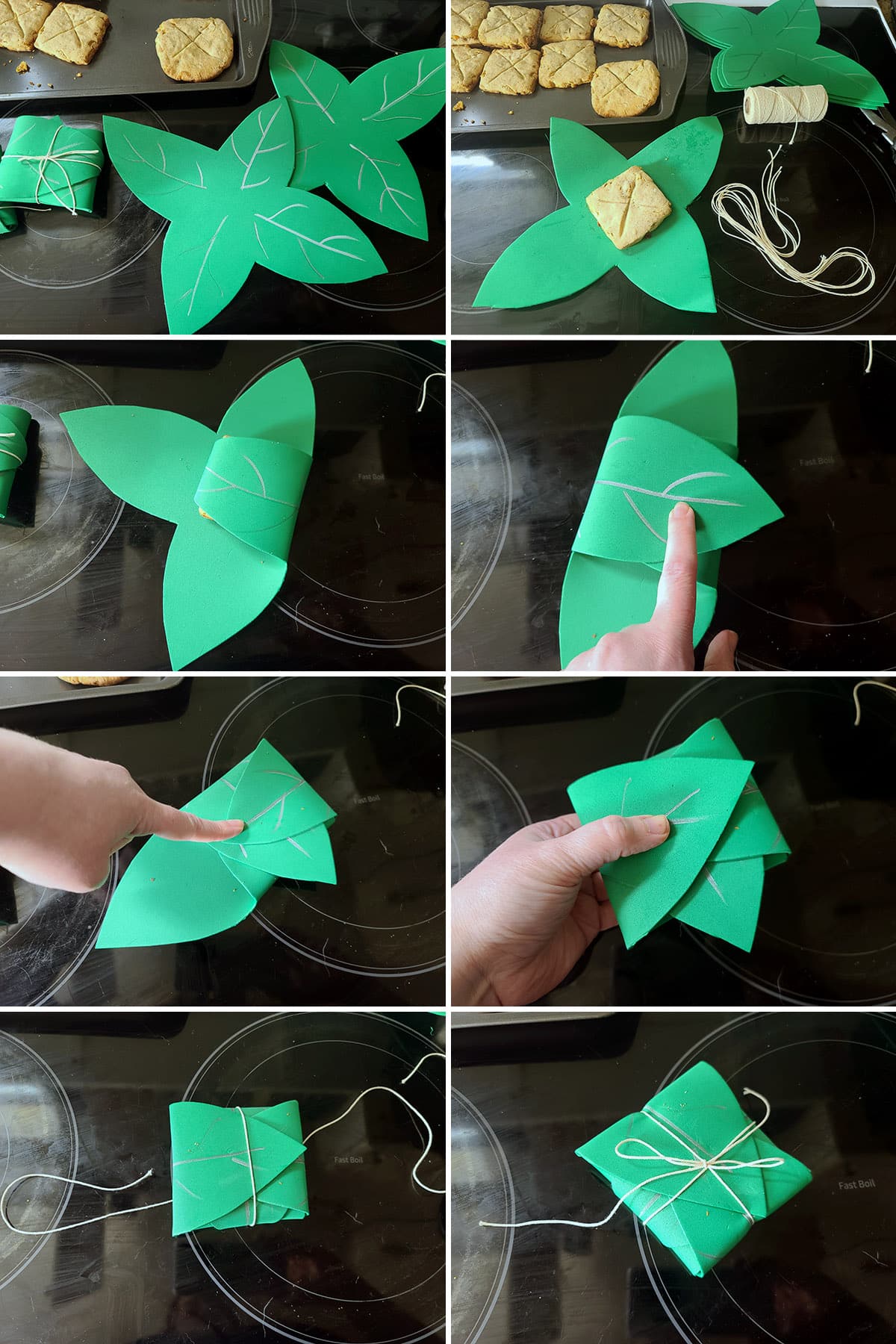 An 8 part image showing a square of Elvish waybread being wrapped in a craft foam Mallorn leaf.