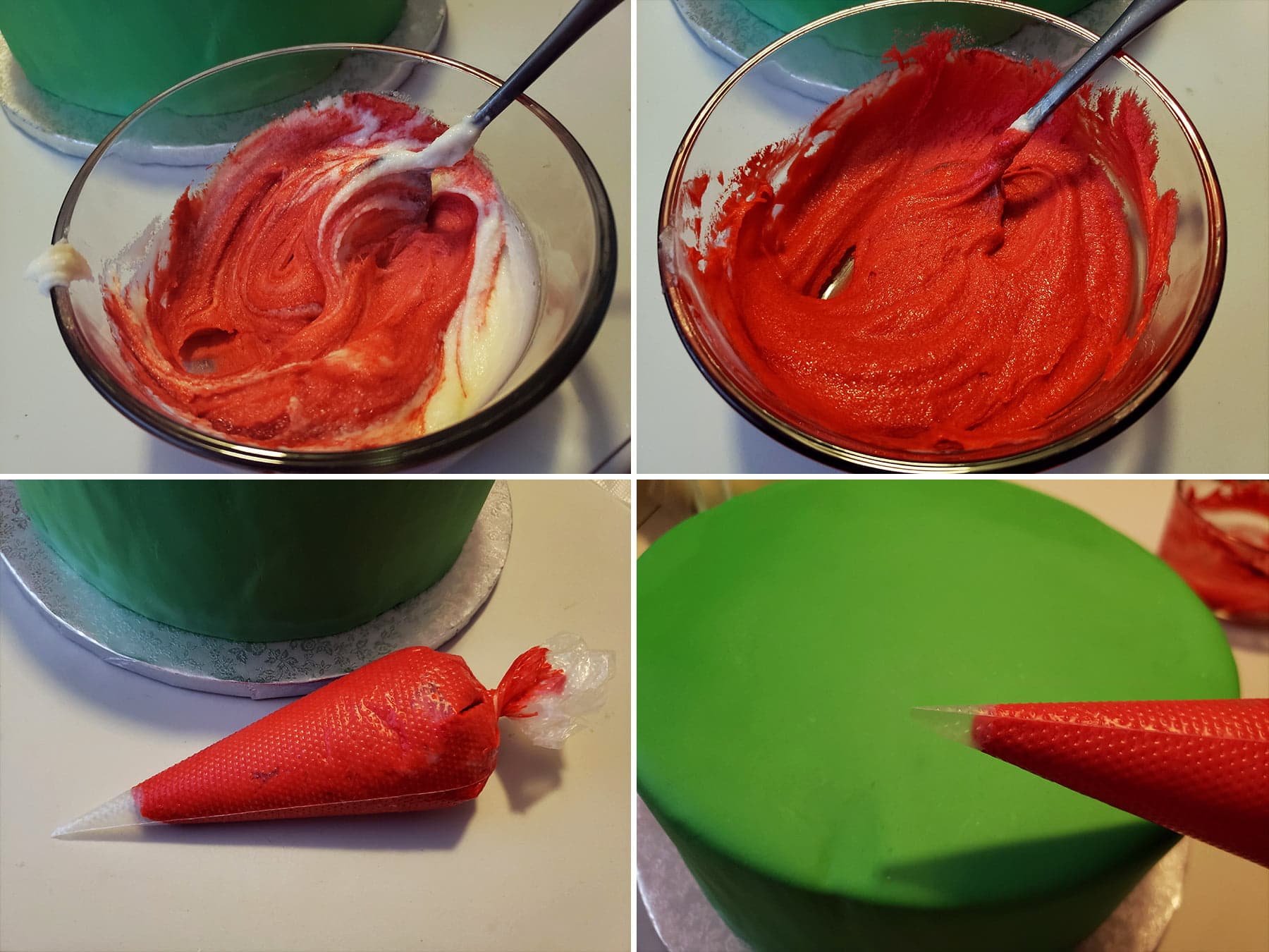 A collage of images showing frosting being coloured red, mixed, put in a frosting bag, and the frosting bag being held over a cake covered in smooth green fondant.