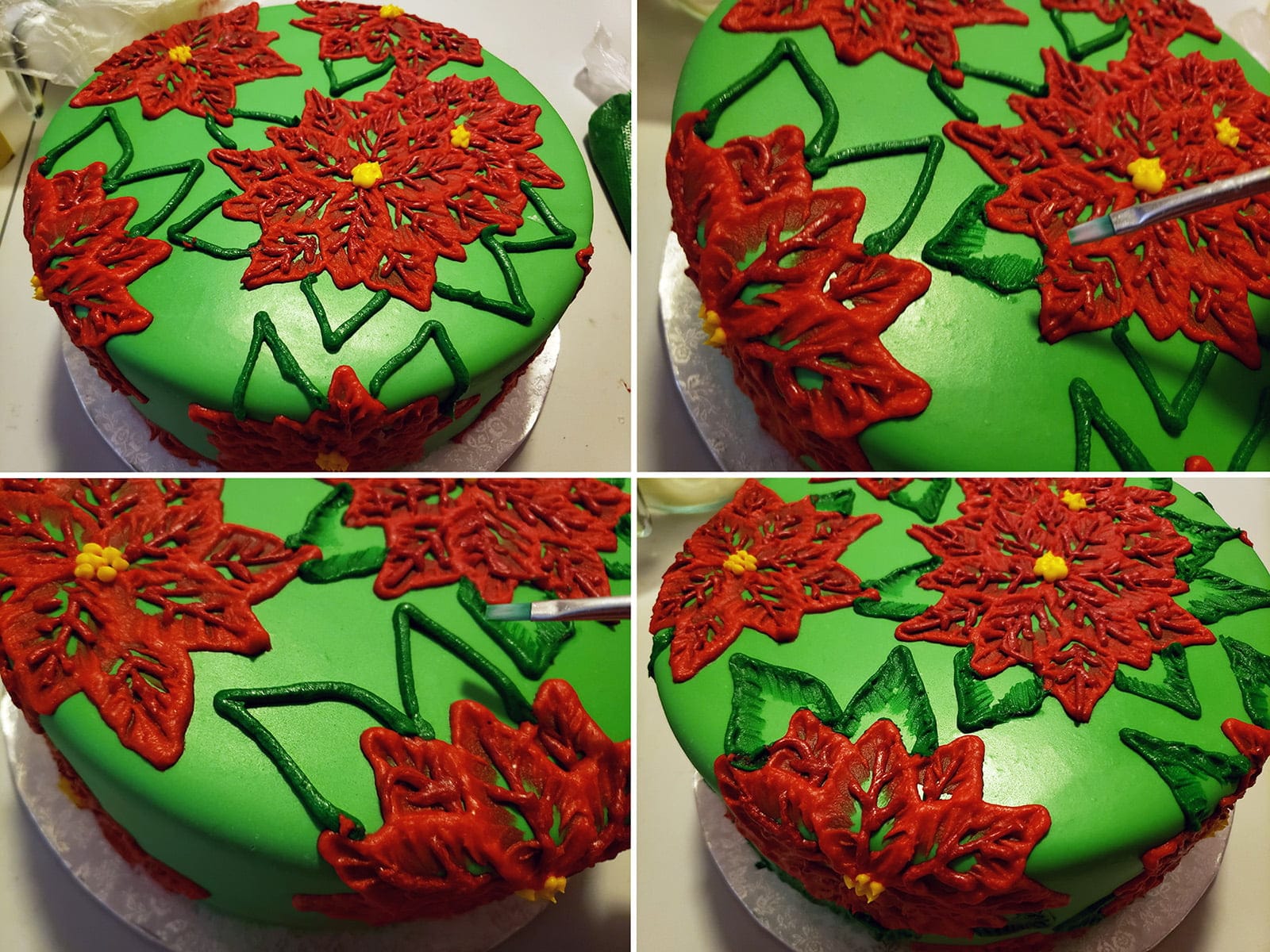 A collage of 4 images demonstrating the steps described above - piping green leaves onto this brush embroidery poinsettia cake.