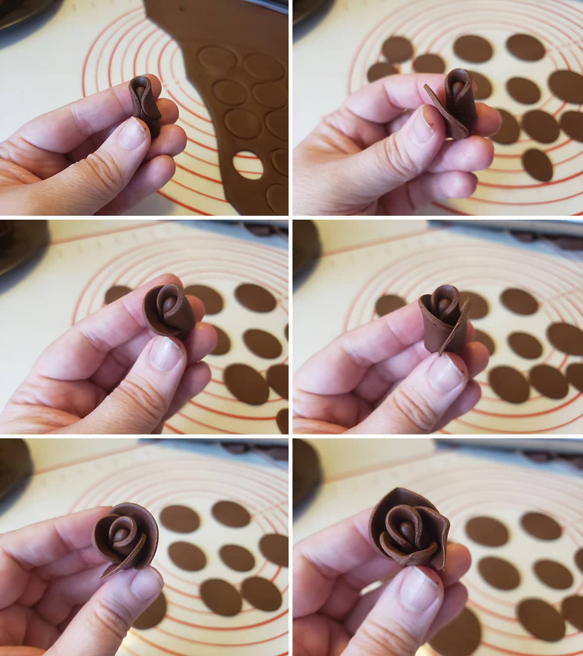 A 6 part compilation image showing the first few steps of creating a chocolate fondant rose.