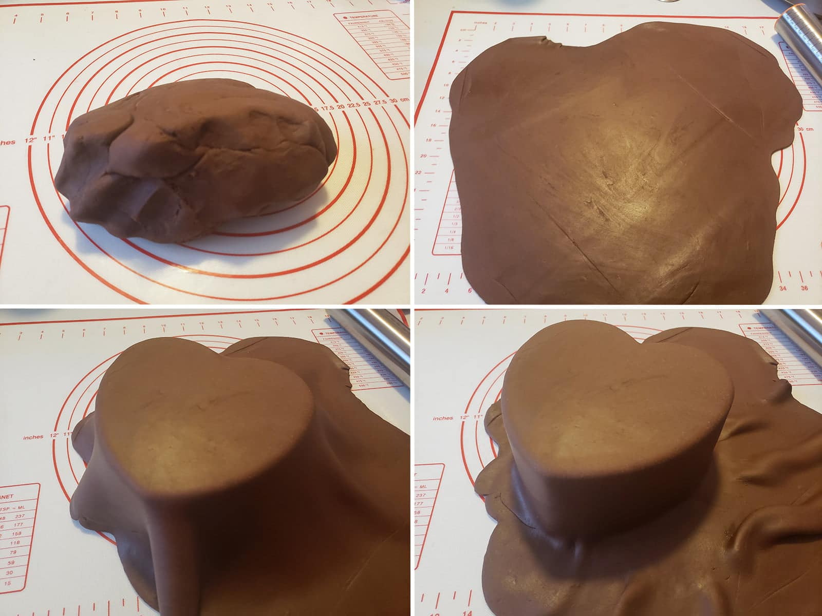 A 4 part compilation photo, demonstrating the steps of covering a cake with chocolate fondant.