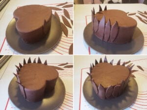 A 4 part compilation image , demonstrating how to attach the first round of chocolate leaves to the cake.
