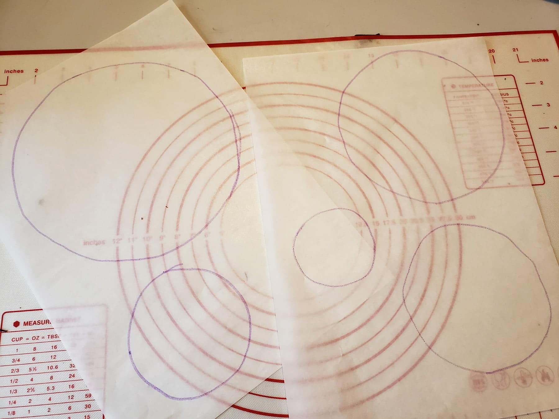 Two sheets of parchment paper are positioned over a circle drawing template.