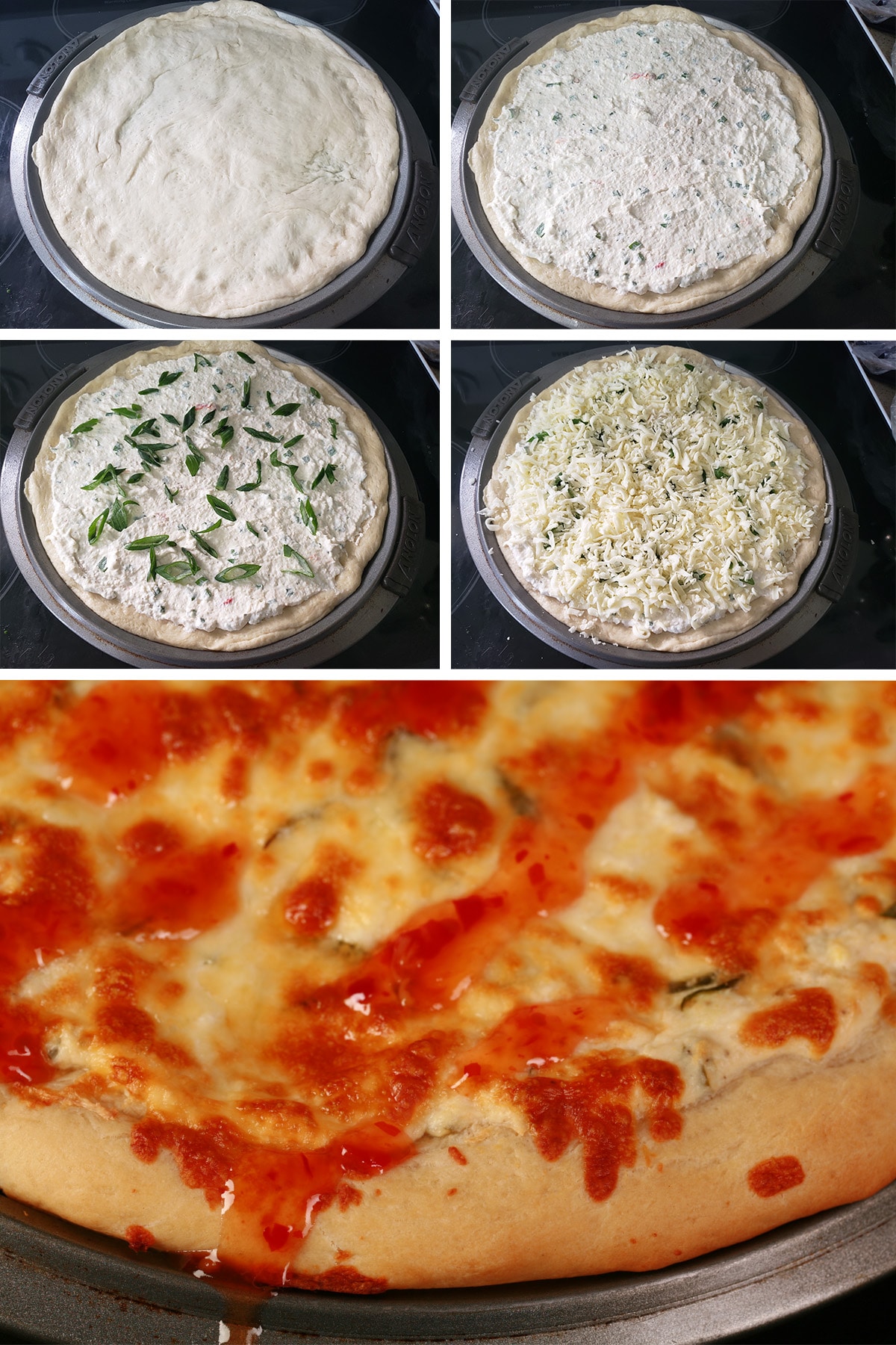A 5 part image showing a crab rangoon pizza being assembled.