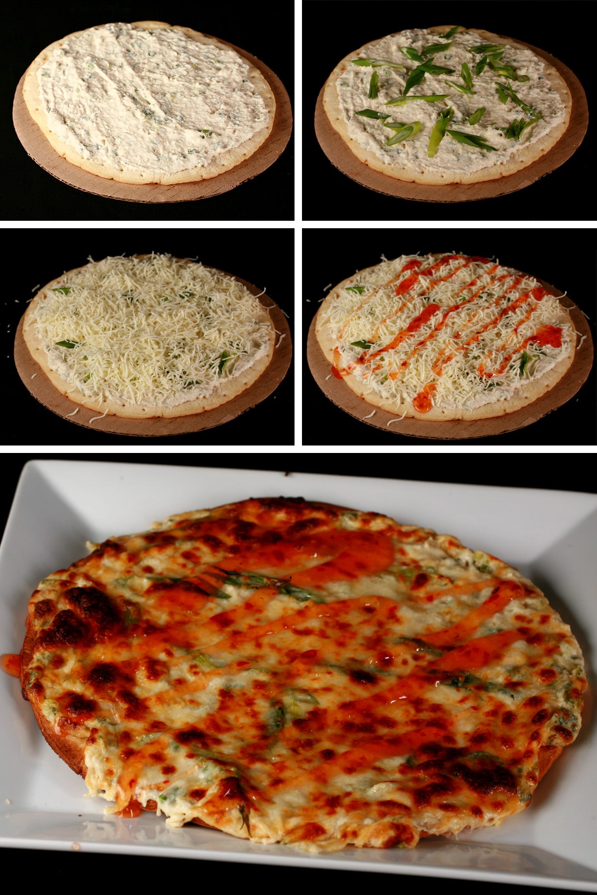 A 5 part image showing a crab rangoon pizza being assembled.