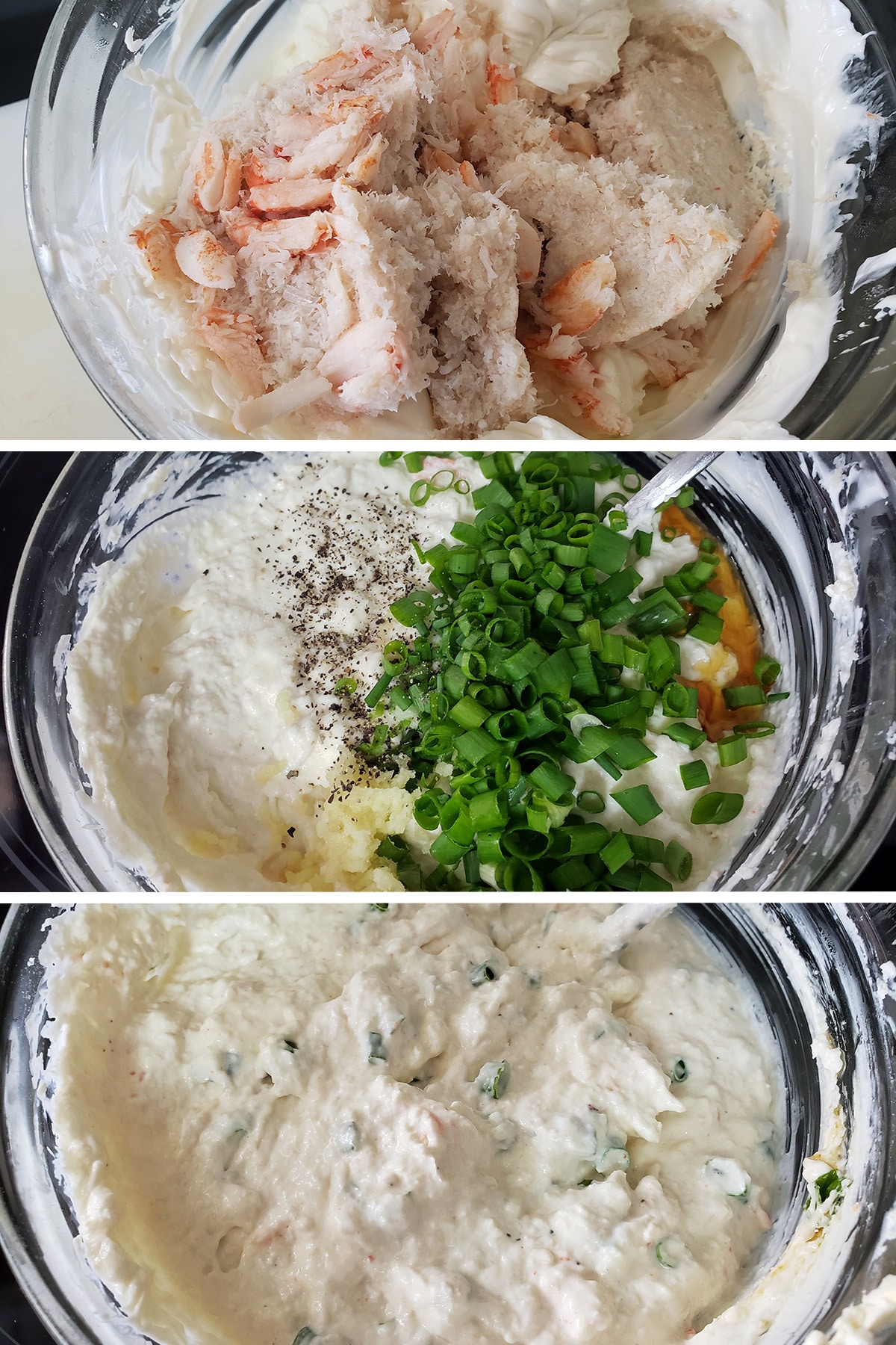 A 3 part image showing crab rangoon dip being made as a pizza sauce.