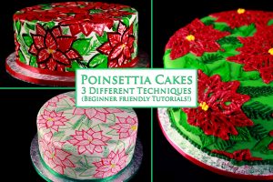 A collage image of 3 different round, Christmas Poinsettia Cakes, in shades of red and green.