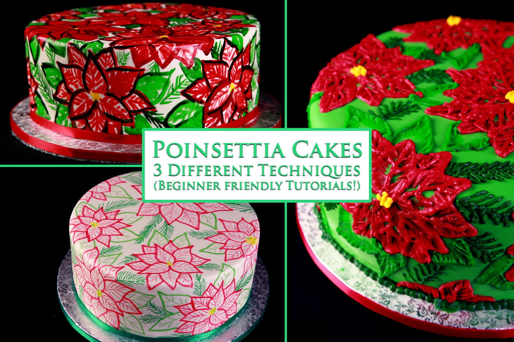 3 different round cakes covered with a poinsettia design.