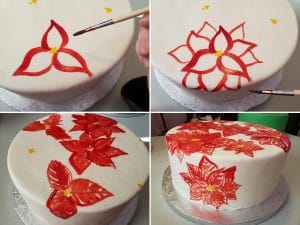 a 4 image collage demonstrating the first few stepps of painting poinsettias on this cake.