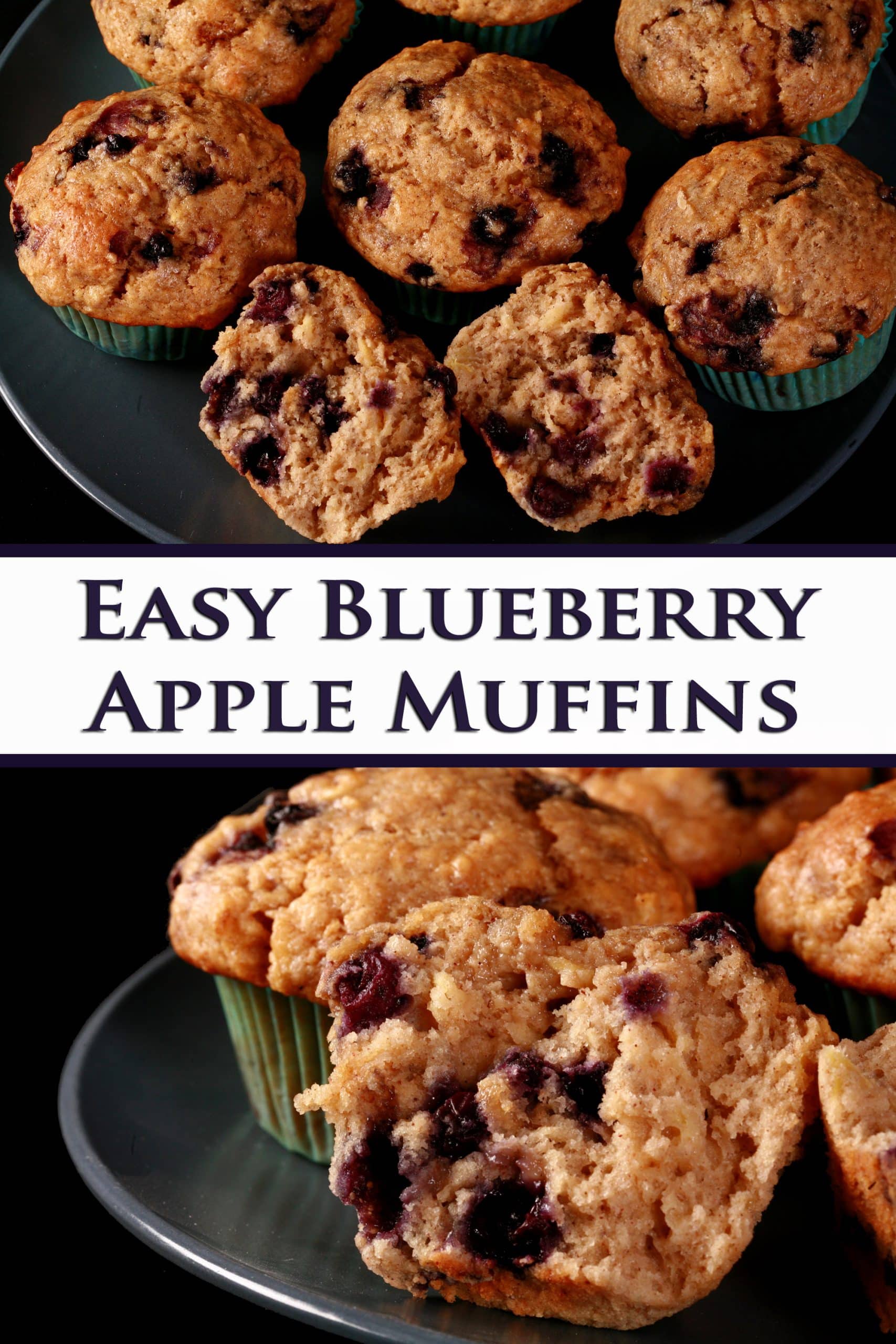 A plate of apple blueberry muffins.  Overlaid text says easy blueberry apple muffins.