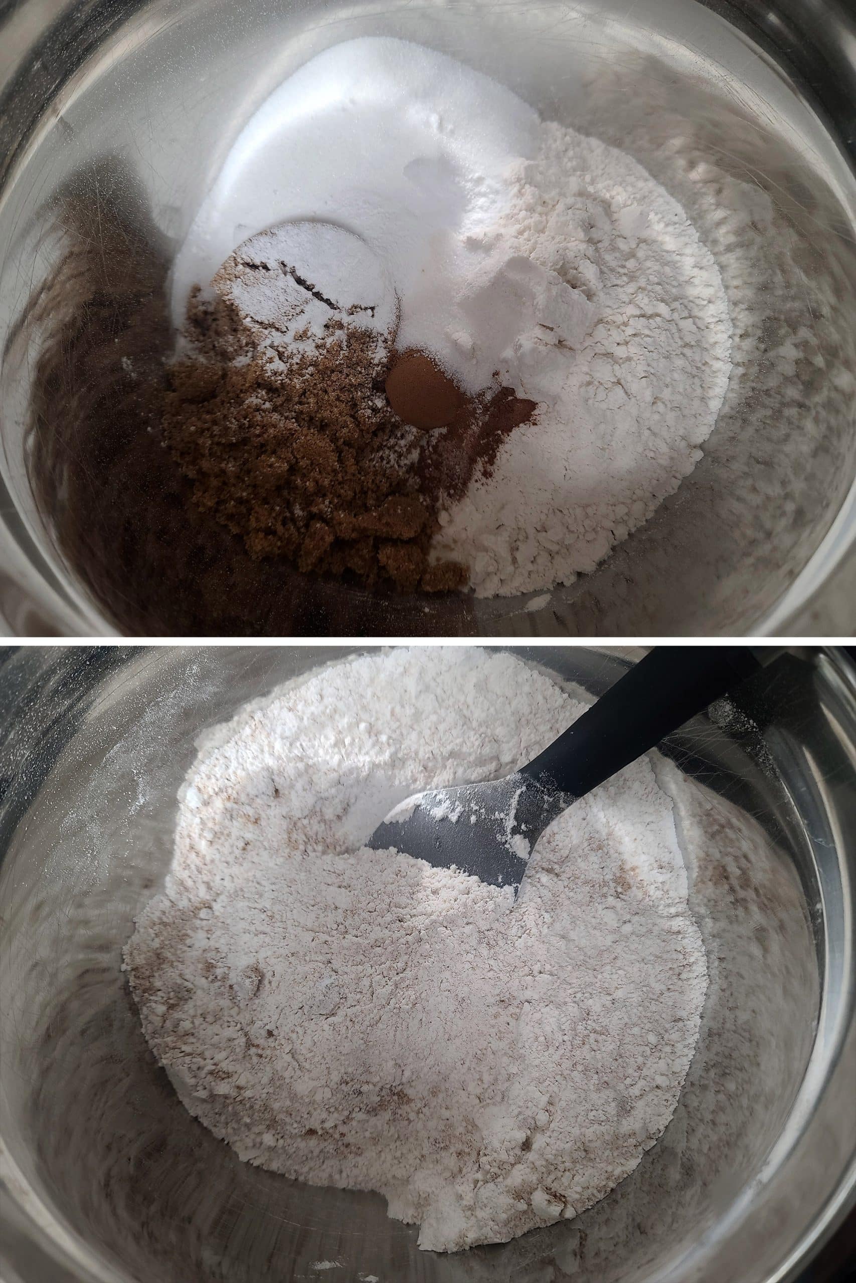 2 part image showing the dry ingredients being mixed together.