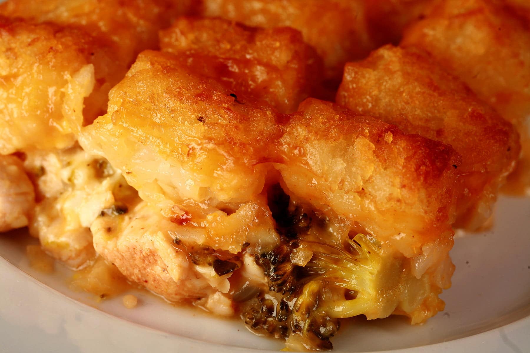 A serving of golden brown tater tot hotdish on a white plate. Cheese and broccoli are visible in the bottom layer.