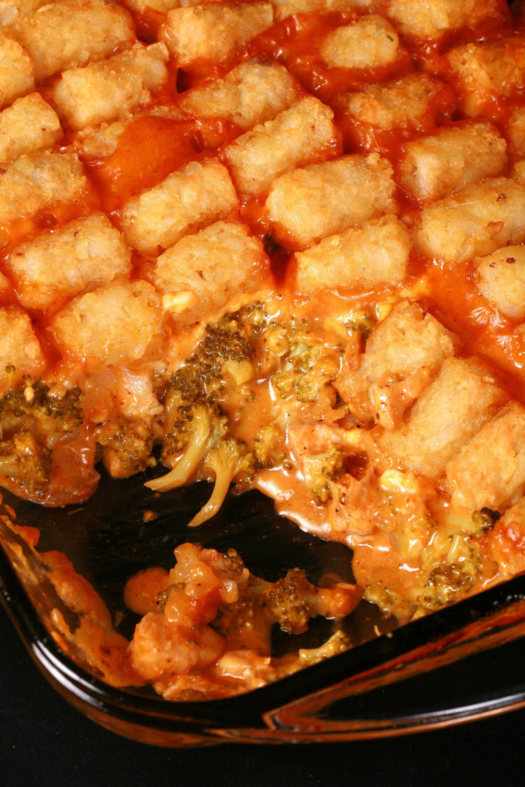 A pan of chicken and broccoli casserole with tater tots on top.