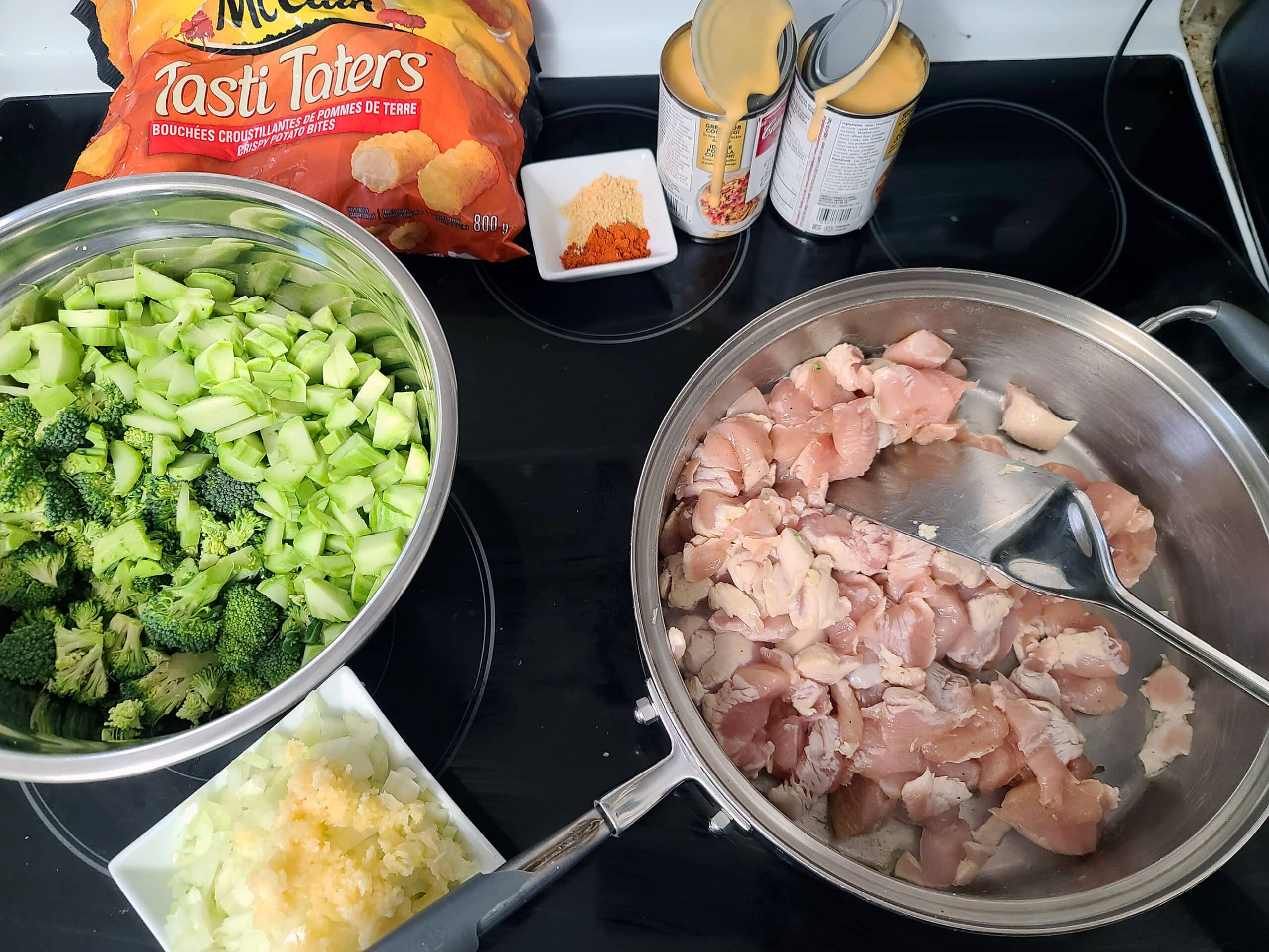 All of the ingredients for this recipe, spread out on a stove top.