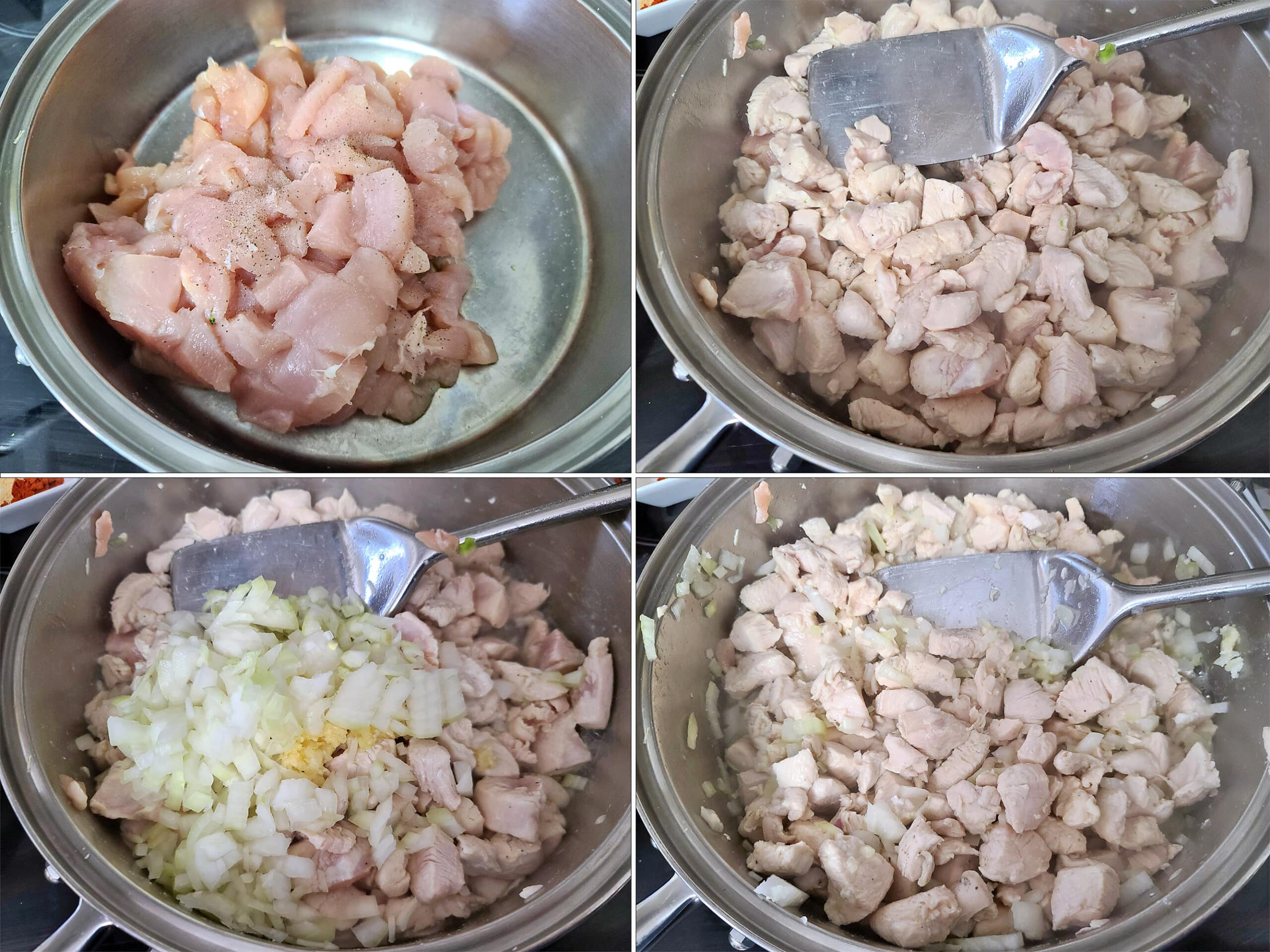 4 part image showing chicken being browned in a pan, then onion and garlic being added and cooked until tender.