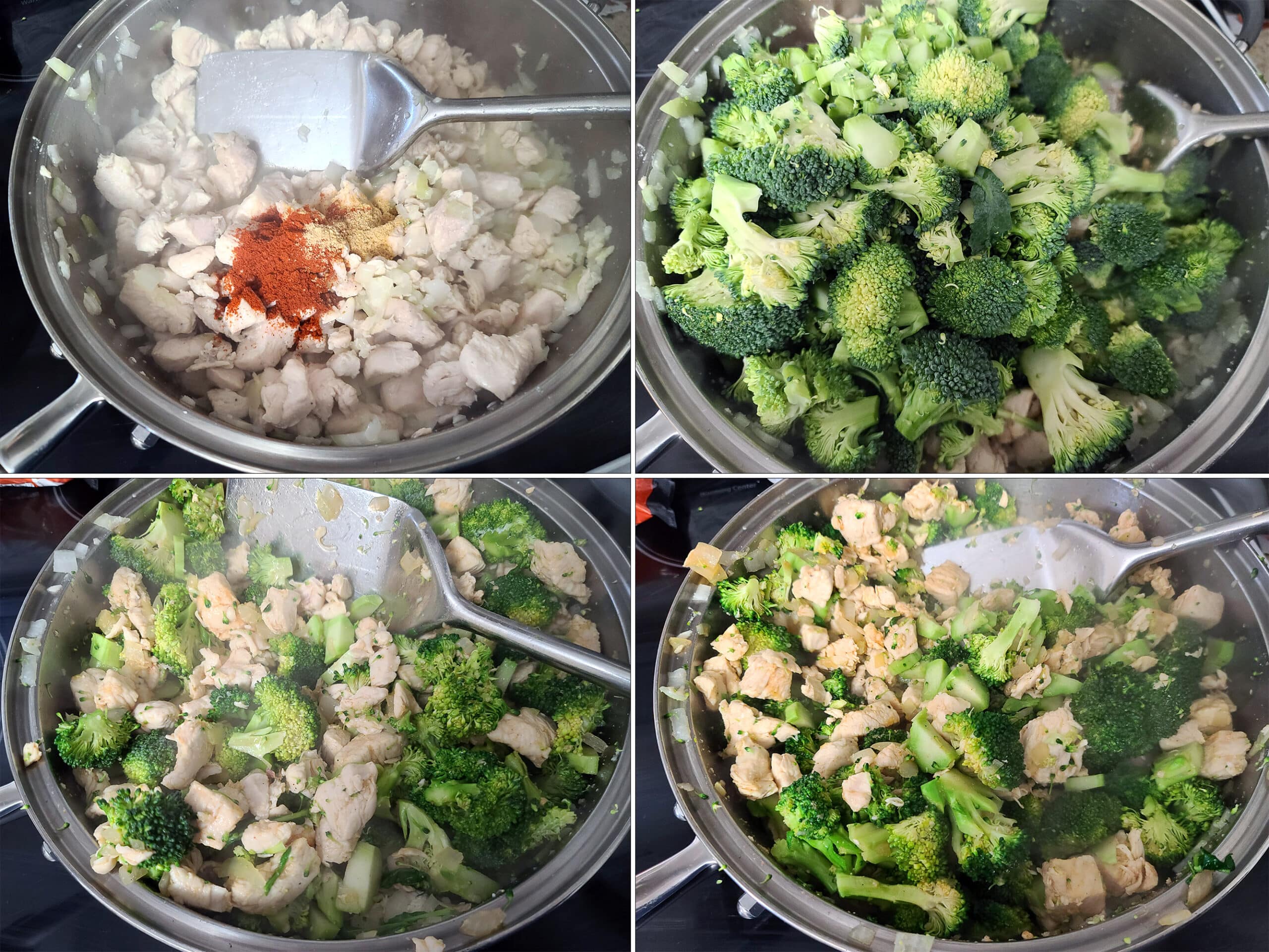 4 part image showing the spices and broccoli being added to the pot and cooked til softened.