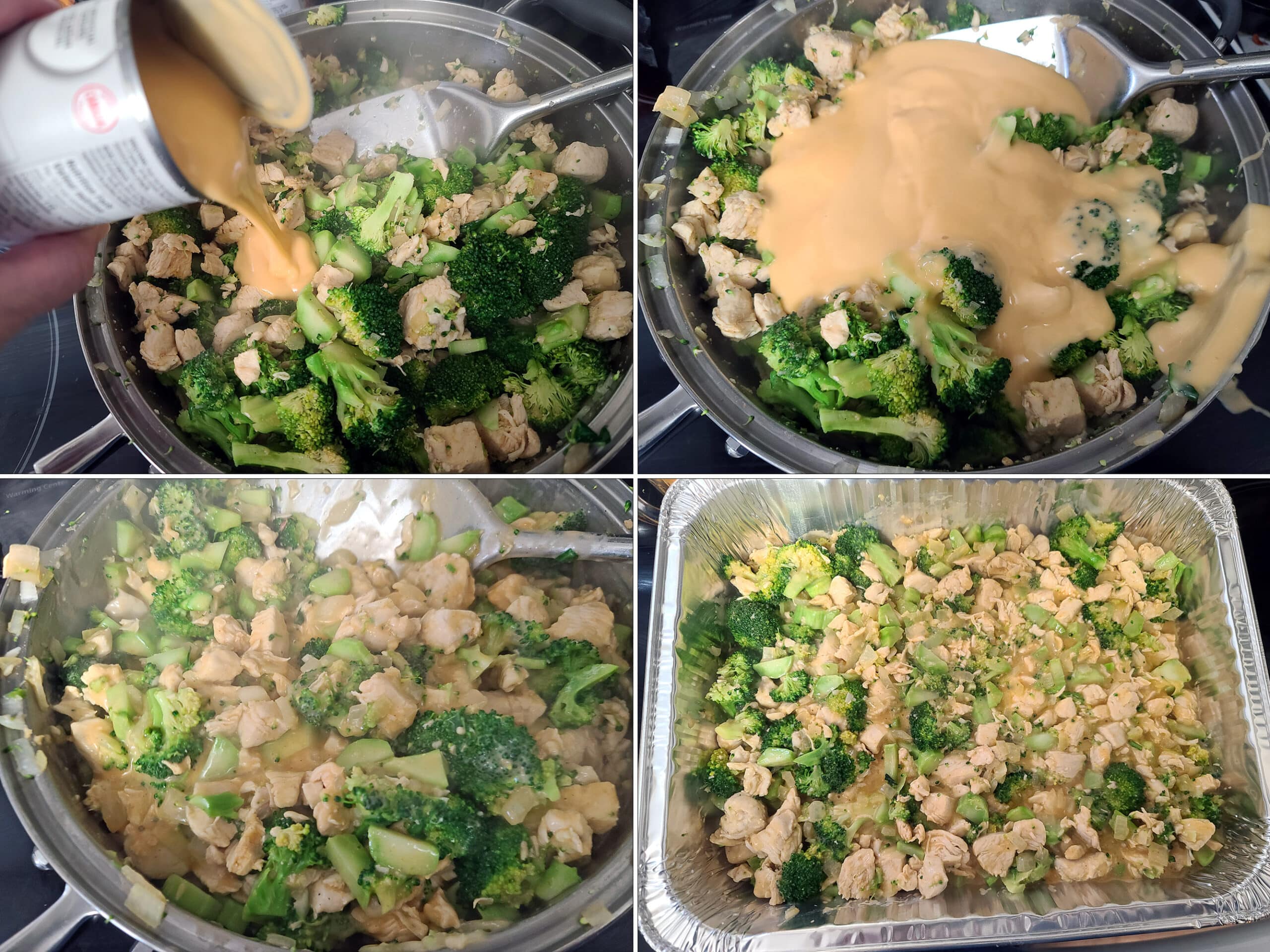 4 part image showing the cheese soup being mixed into the chicken and broccoli mixture then spread in a pan.