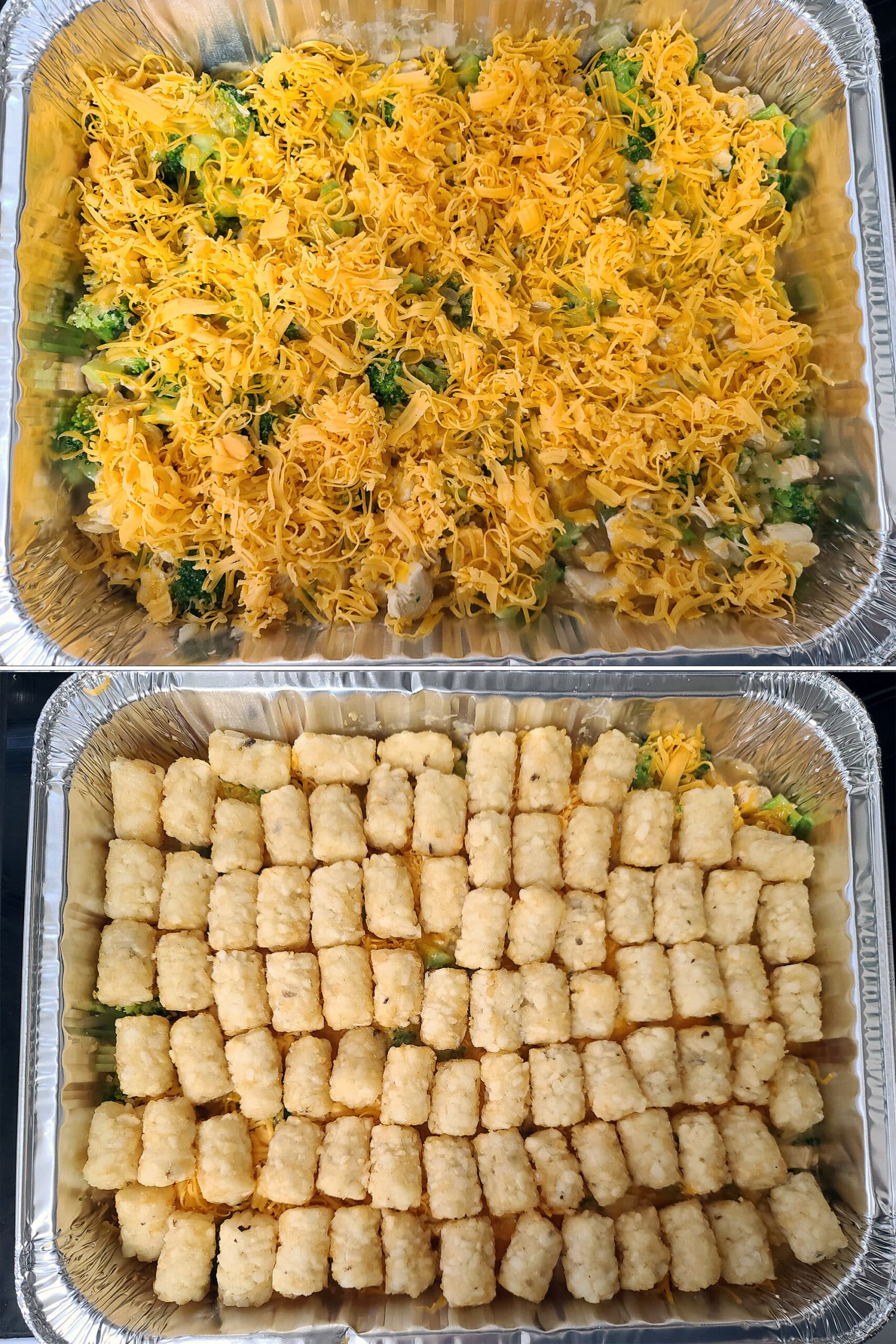 2 part image showing cheese being scattered over the filling, then topped with a row of tater tots.