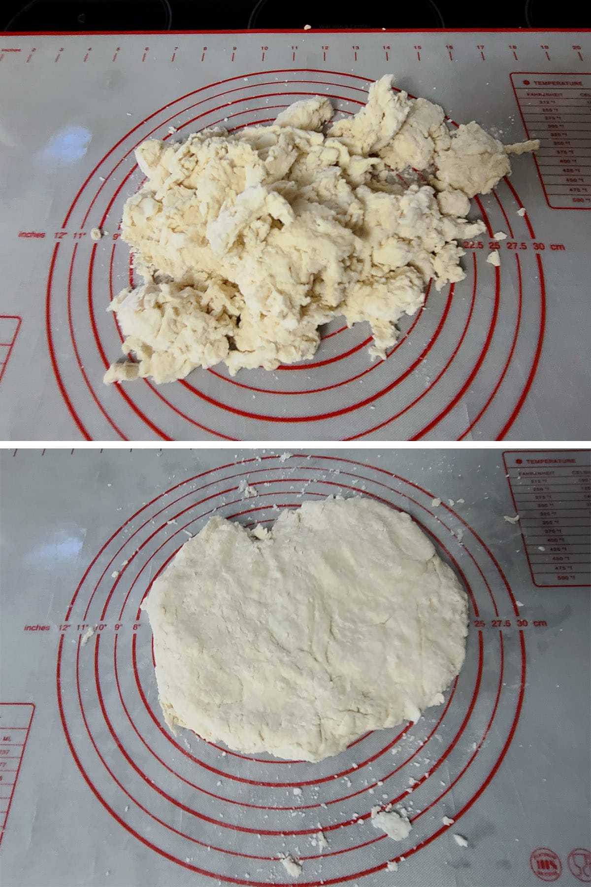 The baking powder biscuit dough is turned out onto a work surface and rolled out.