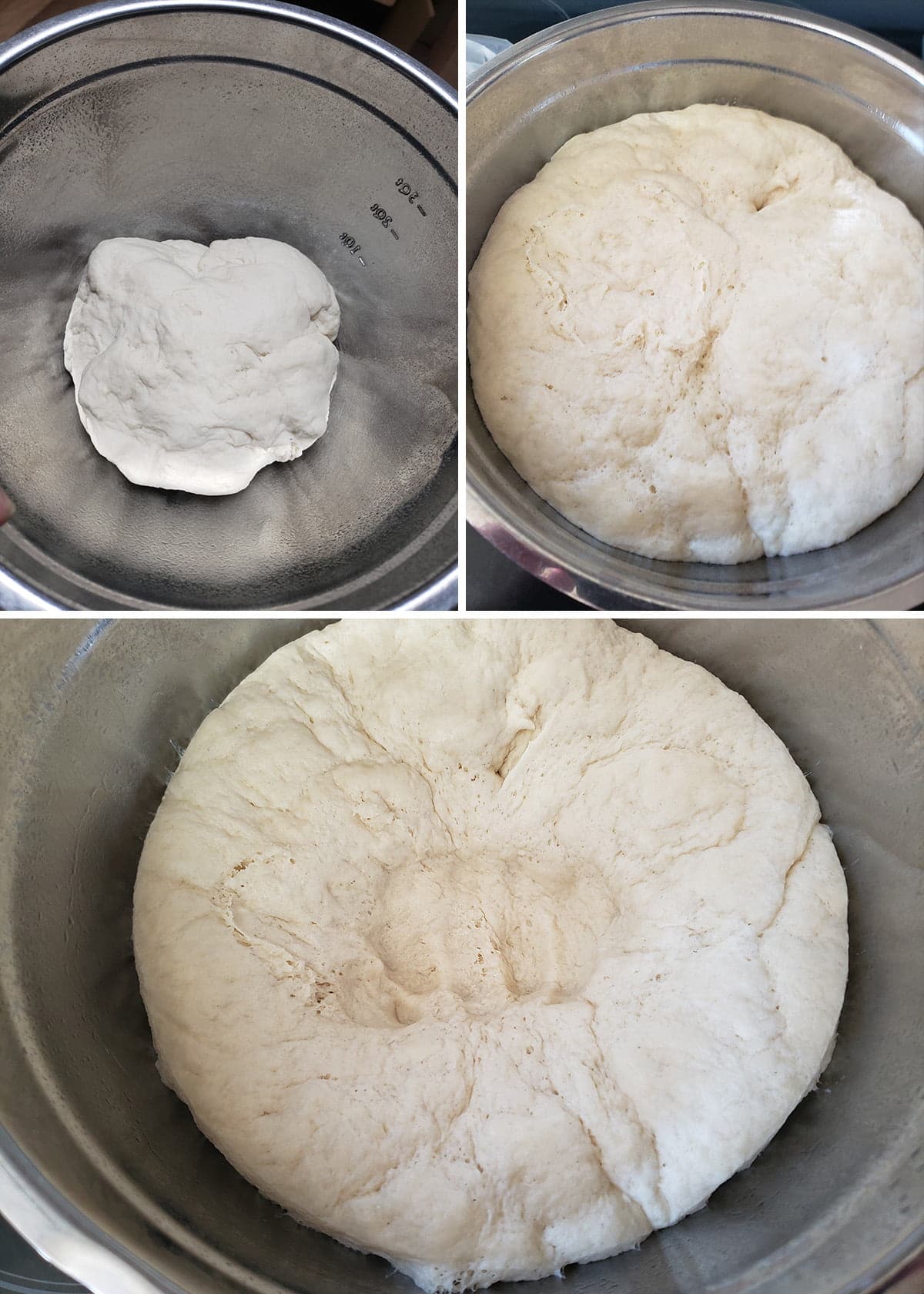 A 3 photo compilation image, showing the progression from the initial dough, the risen dough, and the punched down dough.