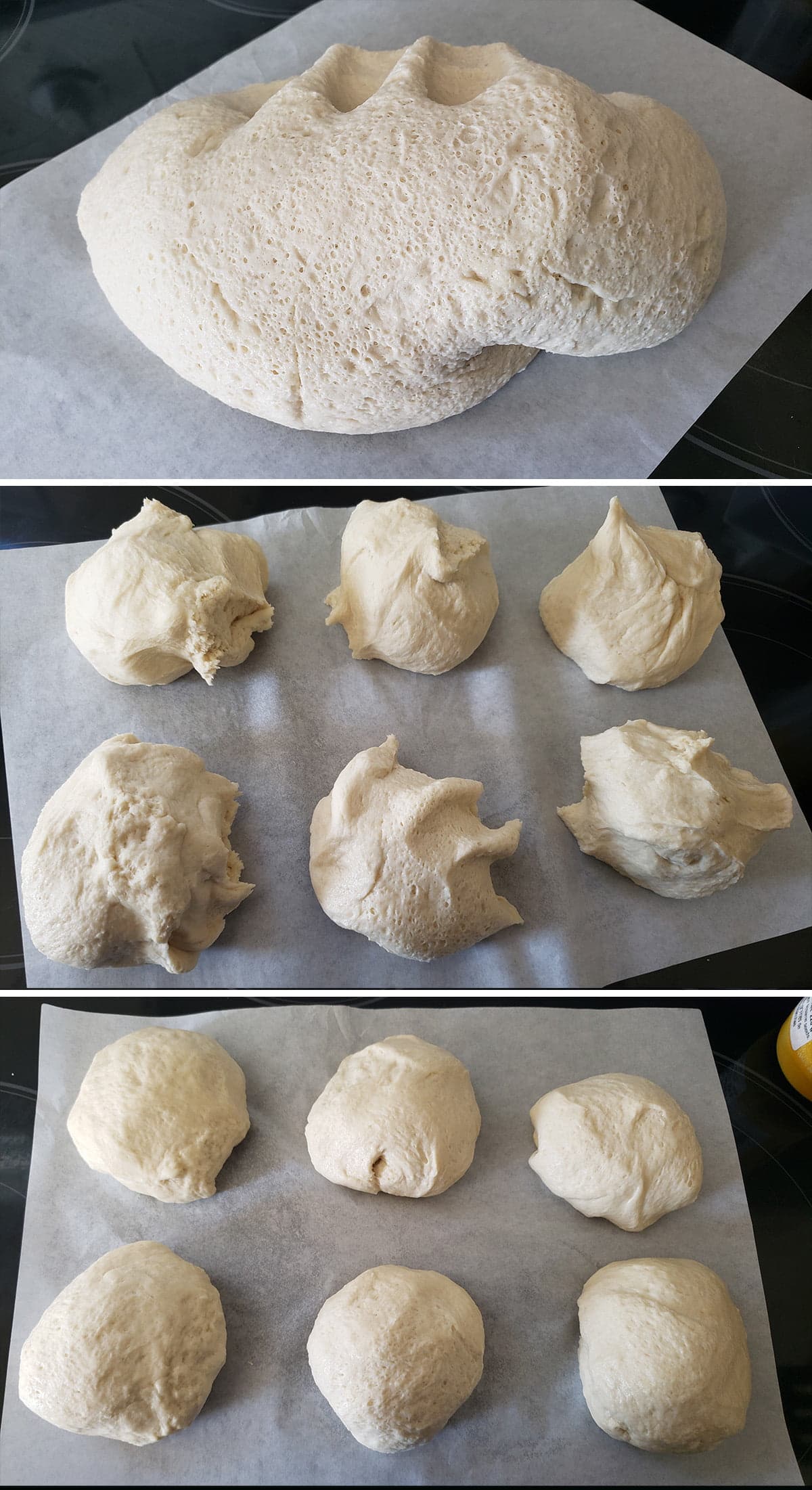A 3 photo compilation image showing the progression from lump of dough, to dividing it in 6 rough pieces, to those pieces being smoothed and rounded balls of dough.