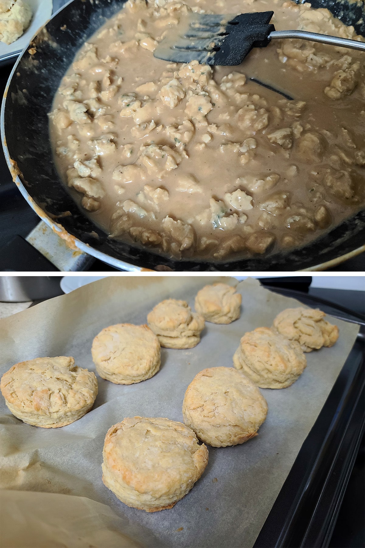 A 2 part image showing a pan of sausage gravy, and a pan of fresh baked biscuits.