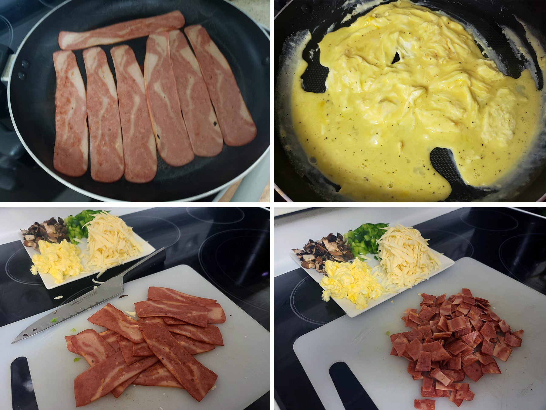 A 4 part image showing bacon and scrambled eggs being cooked, and a plate of shredded cheese and prepared veggies.