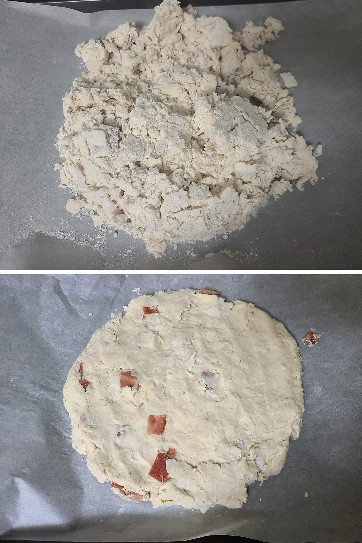 A 2 part image showing the biscuit crust of the breakfast pizza being formed.