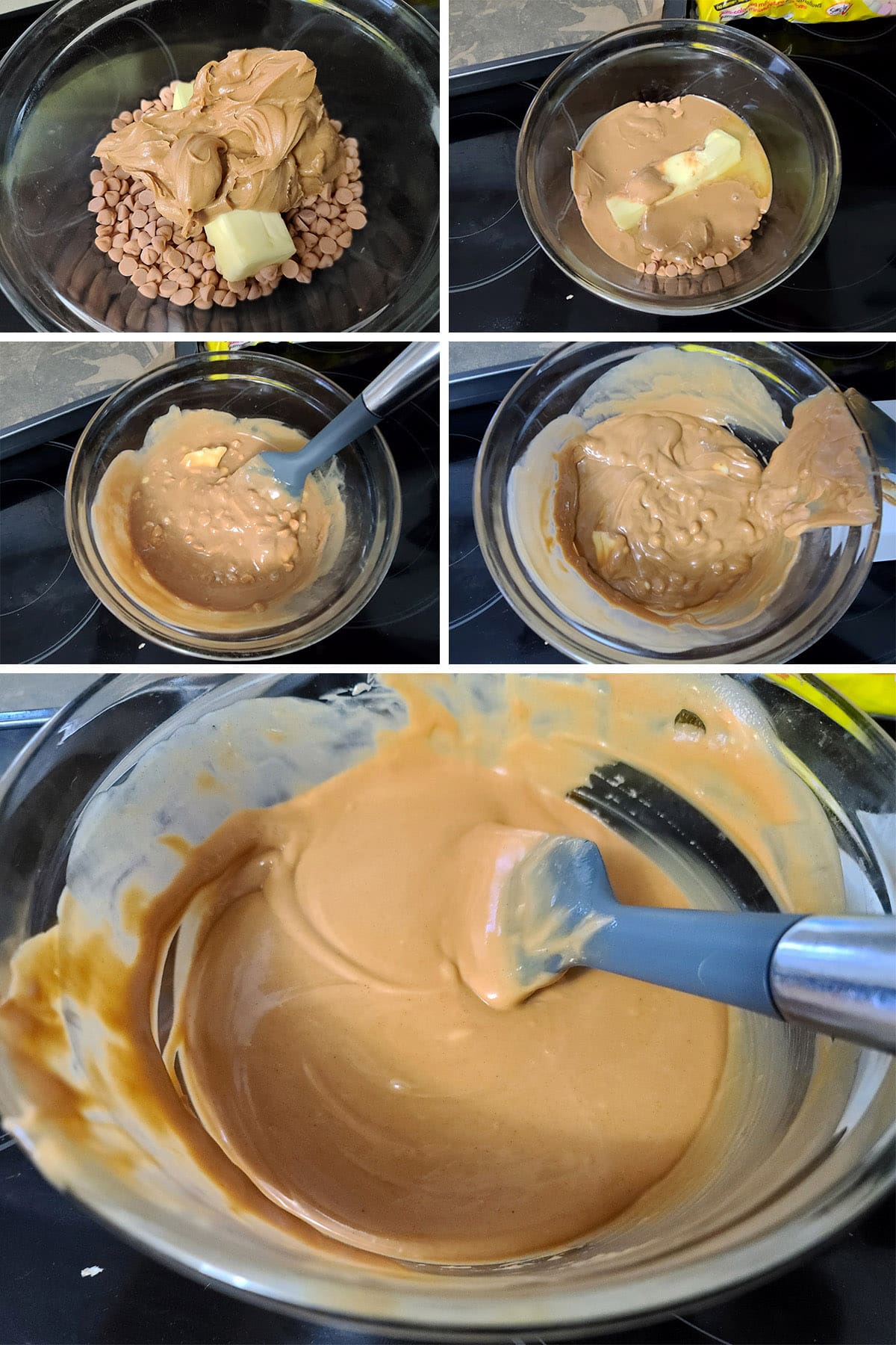 A 5 part image showing the peanut butter, butter. and butterscotch chips being melted in a bowl until smooth.