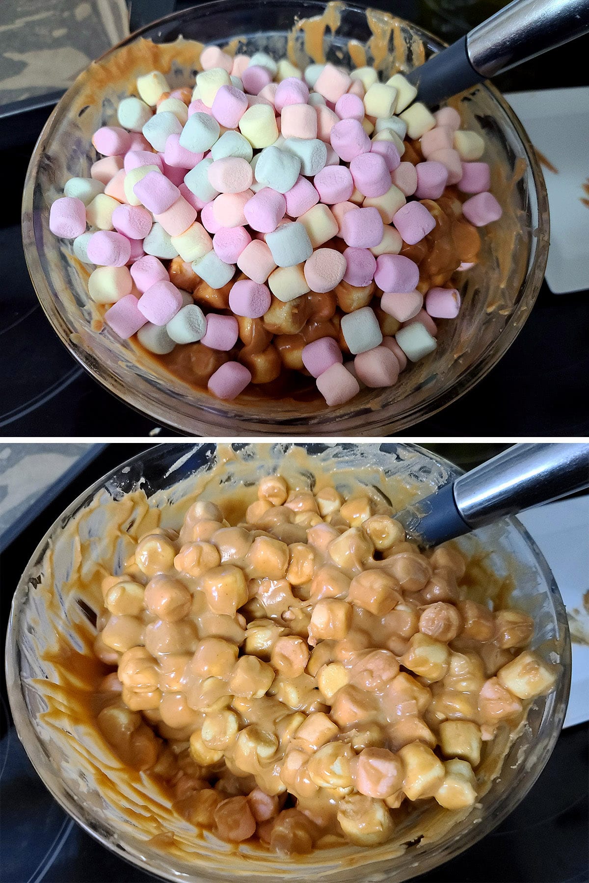 A 2 part image showing the marshmallows being stirred into the melted butterscotch mixture.