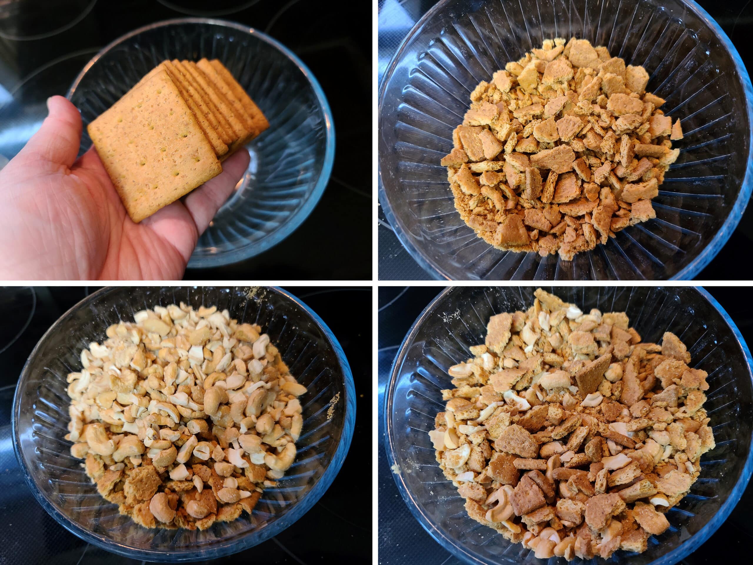 4 part image showing graham crackers being crushed, then mixed with cashew pieces.