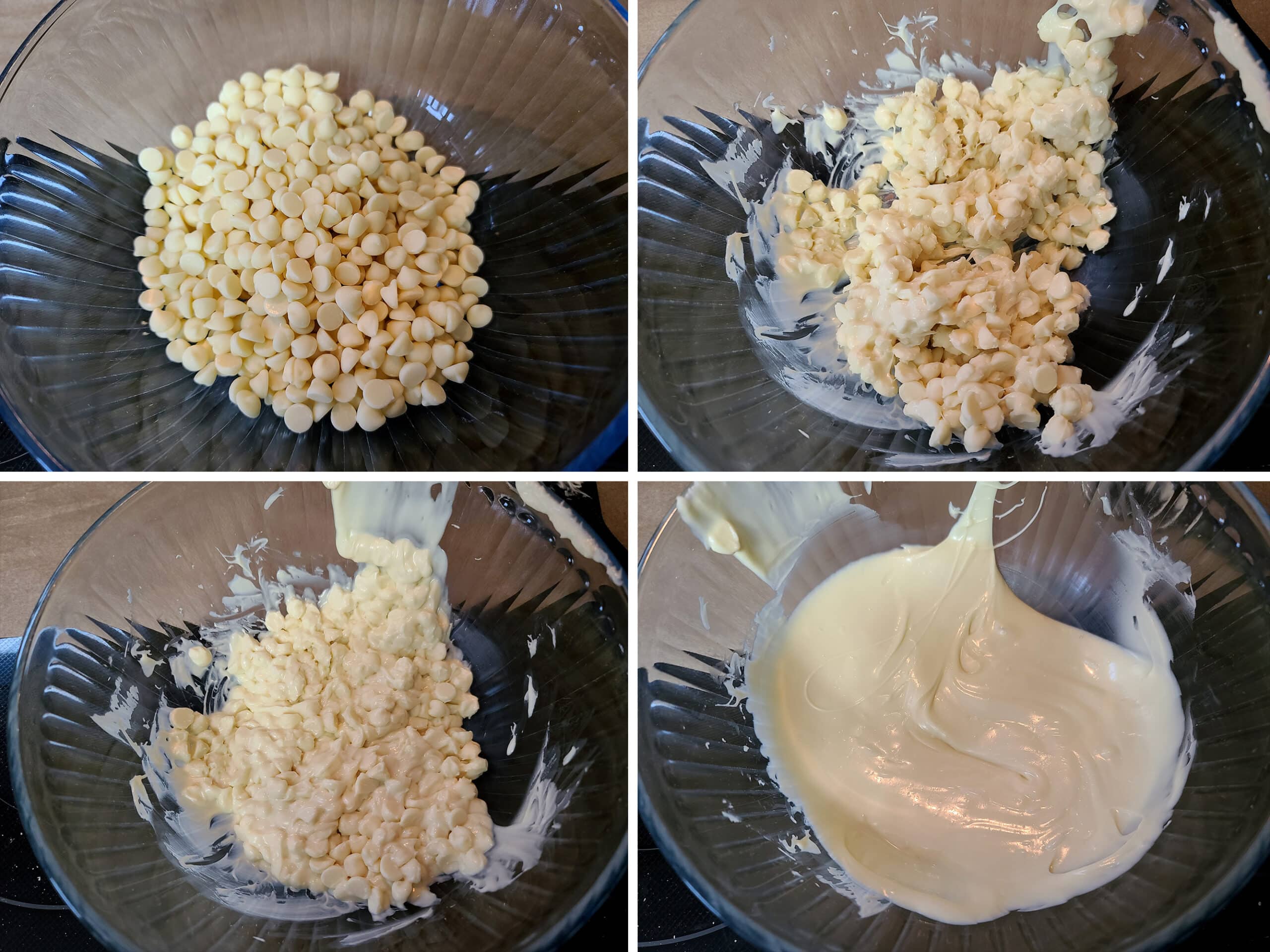 4 part image showing the white chocolate chips being melted.